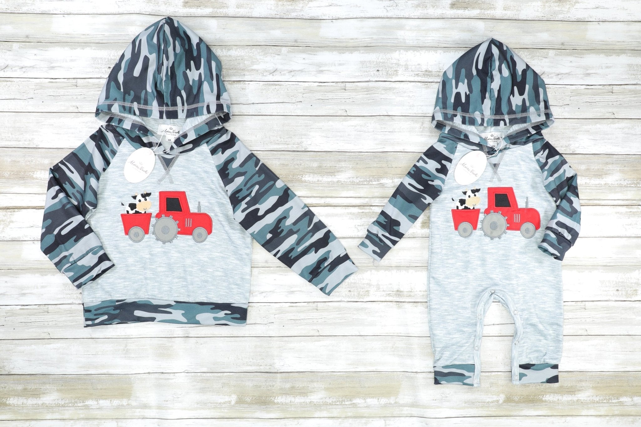 Camouflage Cow On Tractor Hoodie Romper - Marie Nicole Clothing