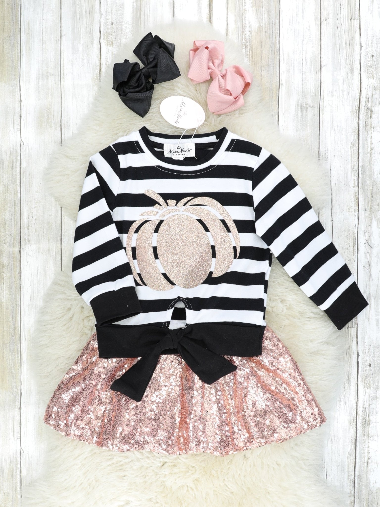Striped Gold Pumpkin Tie Top & Gold Sequin Skirt Outfit - Marie Nicole Clothing