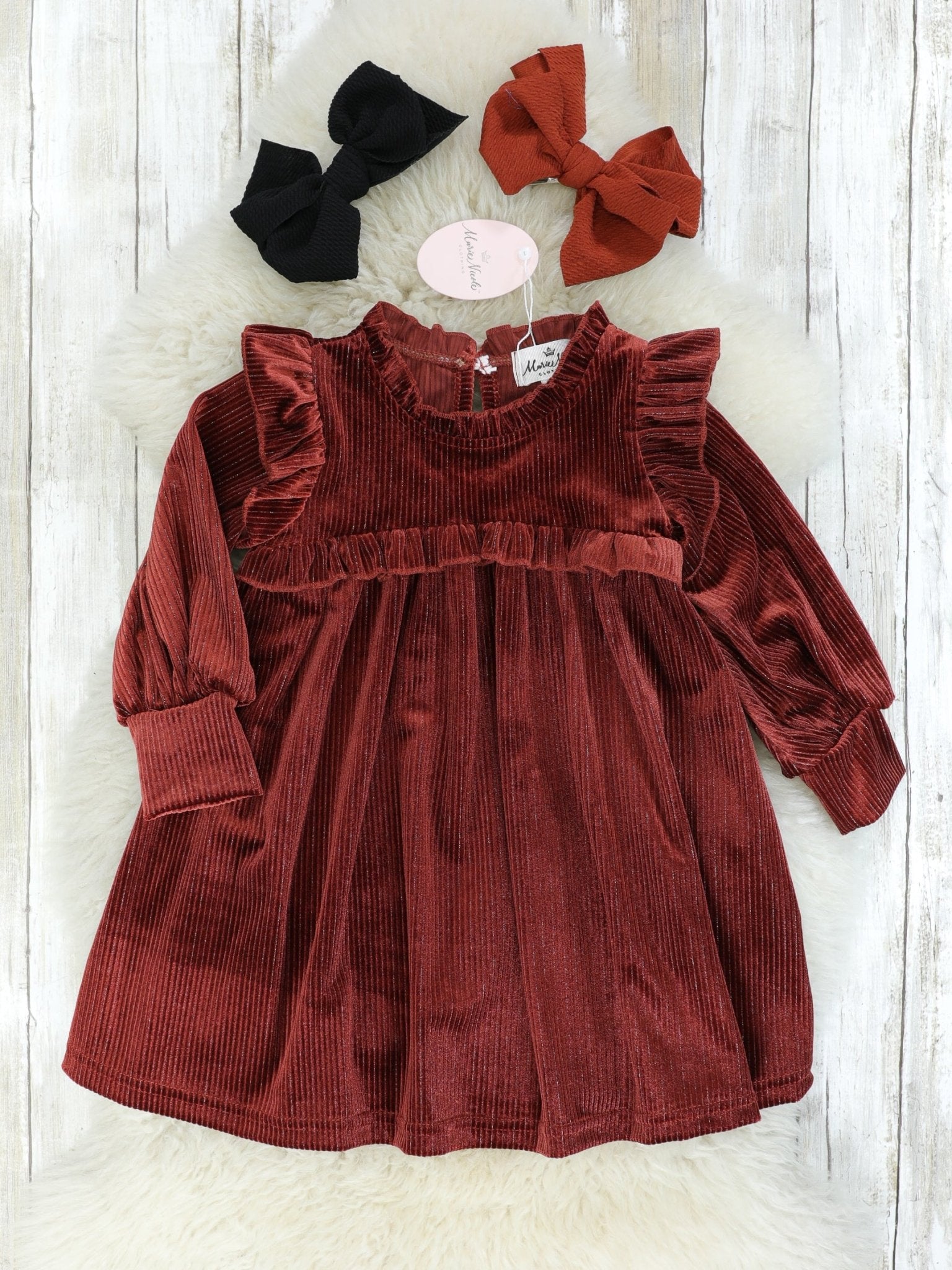 Ribbed Rust Velvet Ruffle Dress - Marie Nicole Clothing