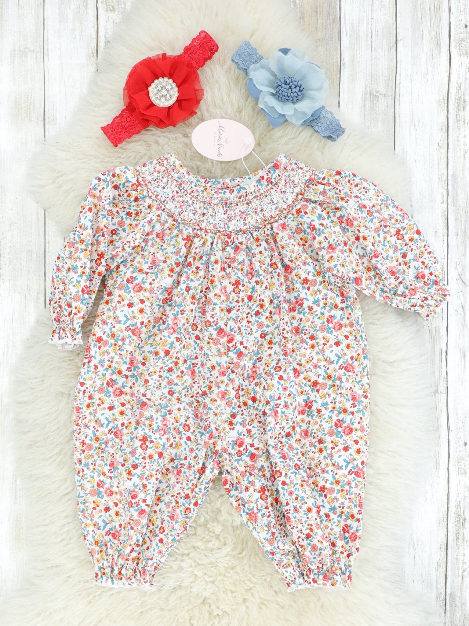 Red Ditsy Floral Smocked Romper - Marie Nicole Clothing