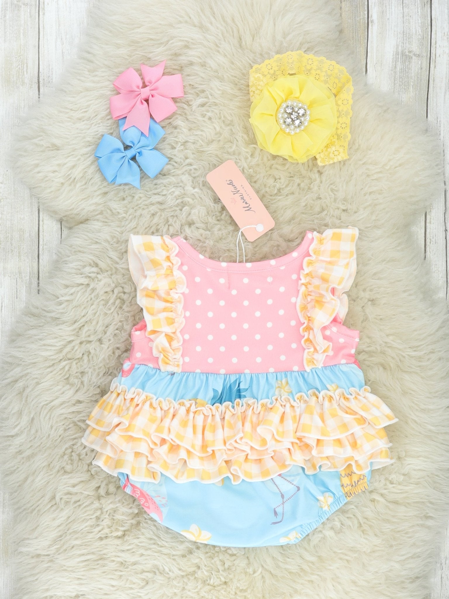 Yellow Gingham Flamingo Ruffle Bubble Romper - Marie Nicole Clothing