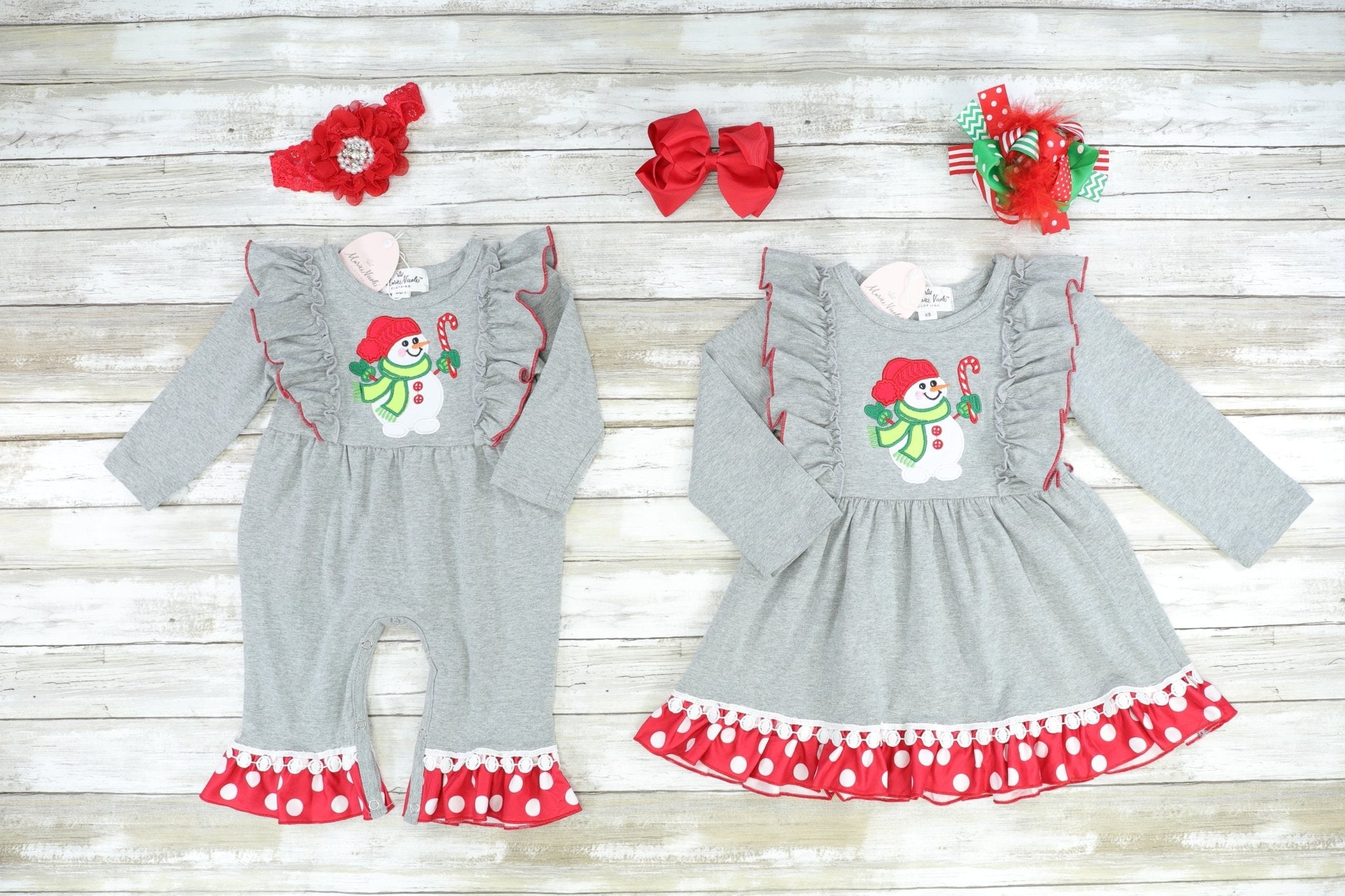 Grey Snowman Polka Dot Ruffle Dress - Marie Nicole Clothing