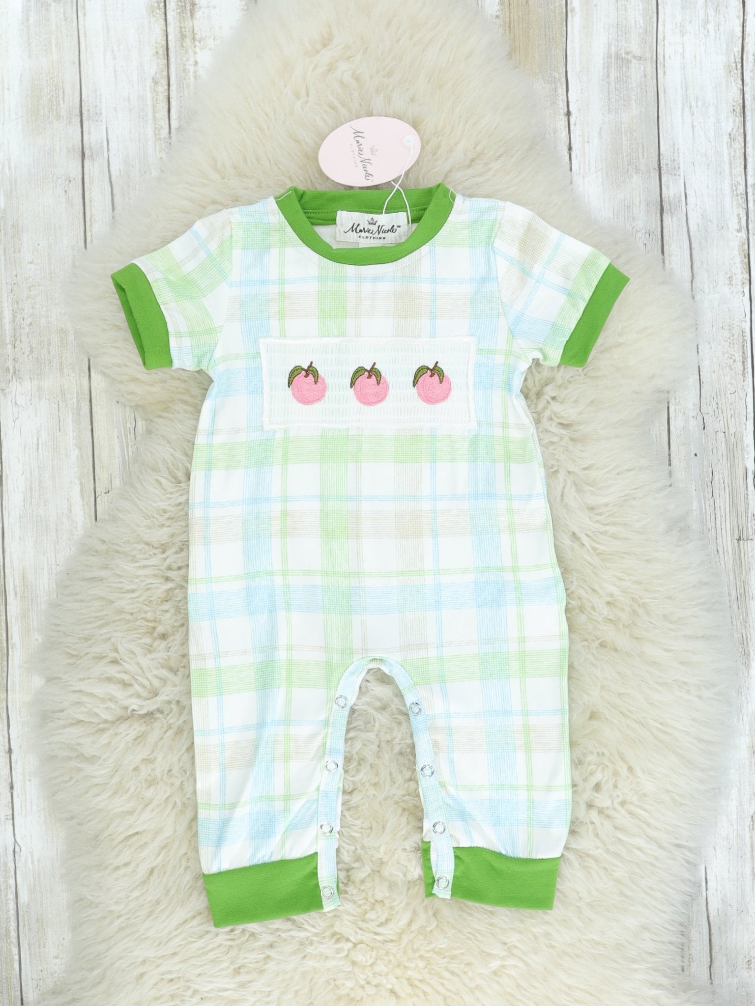 Smocked Peach Plaid Romper - Marie Nicole Clothing