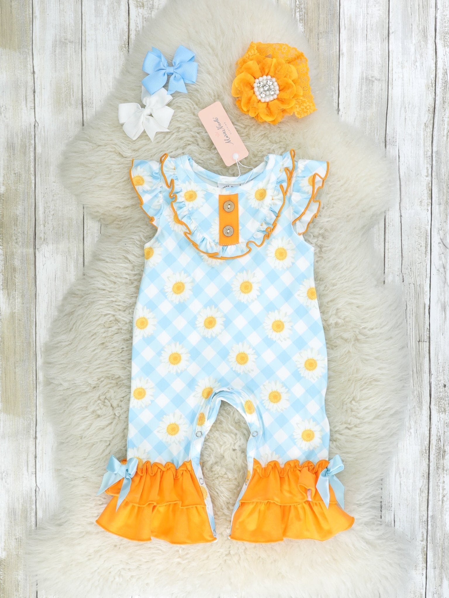 Blue & Orange Daisy Ruffle Romper - Marie Nicole Clothing