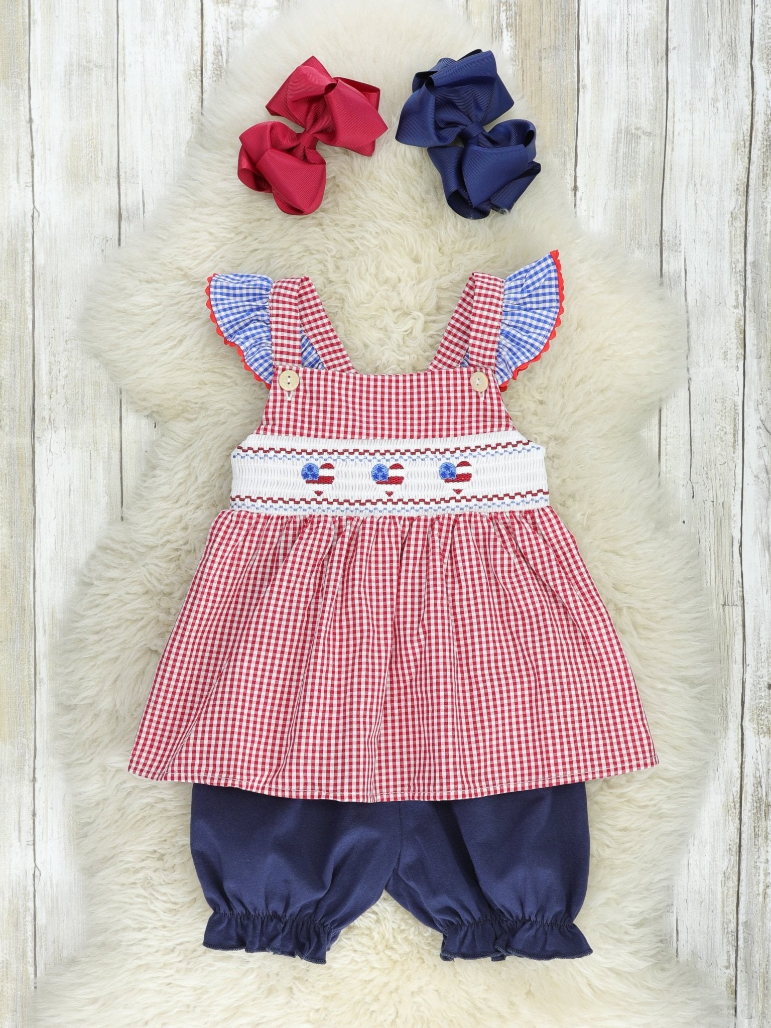 Red Gingham American Heart Smocked Outfit - Marie Nicole Clothing