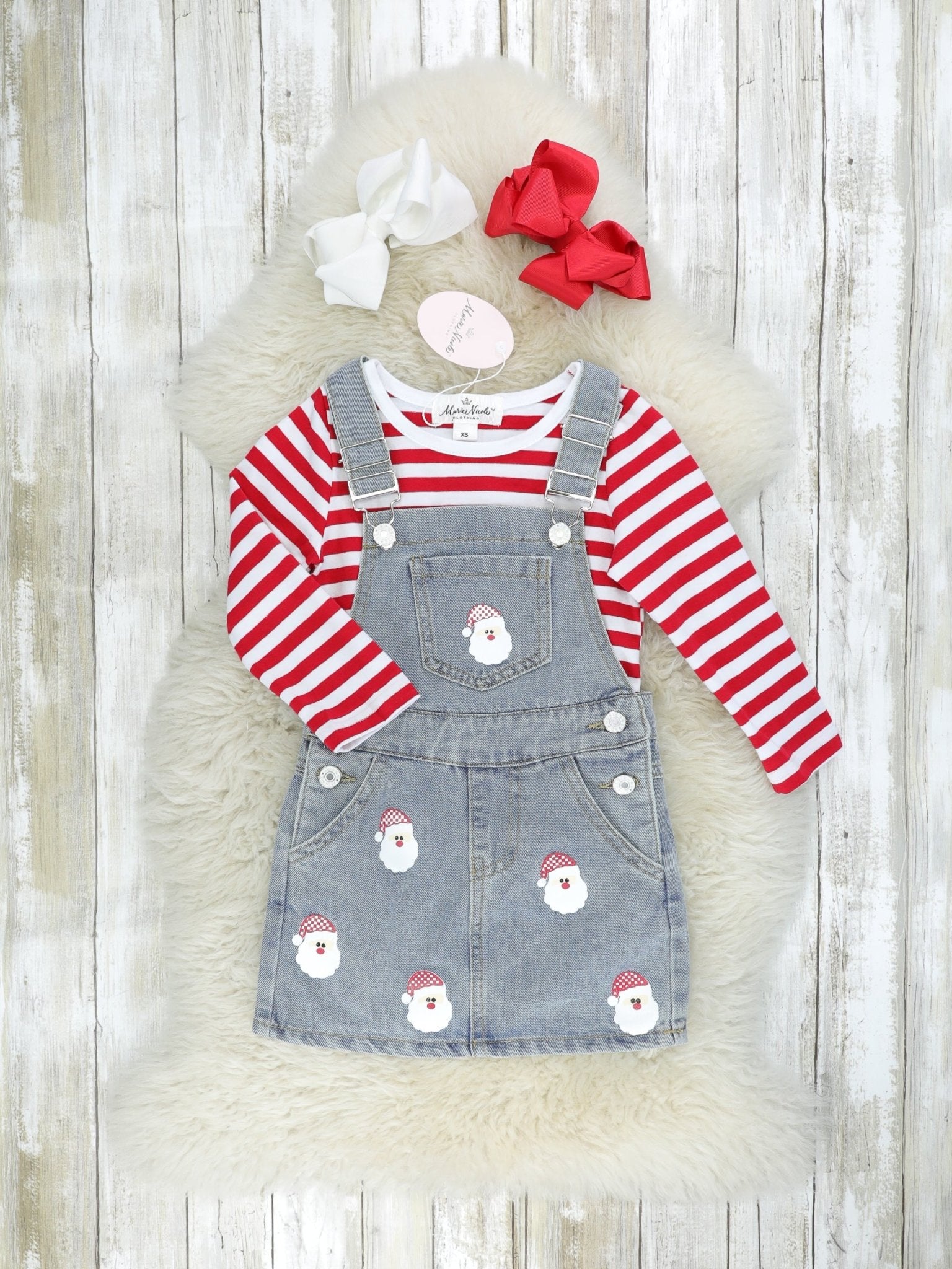 Red Striped Shirt & Denim Santa Overall Dress Set - Marie Nicole Clothing