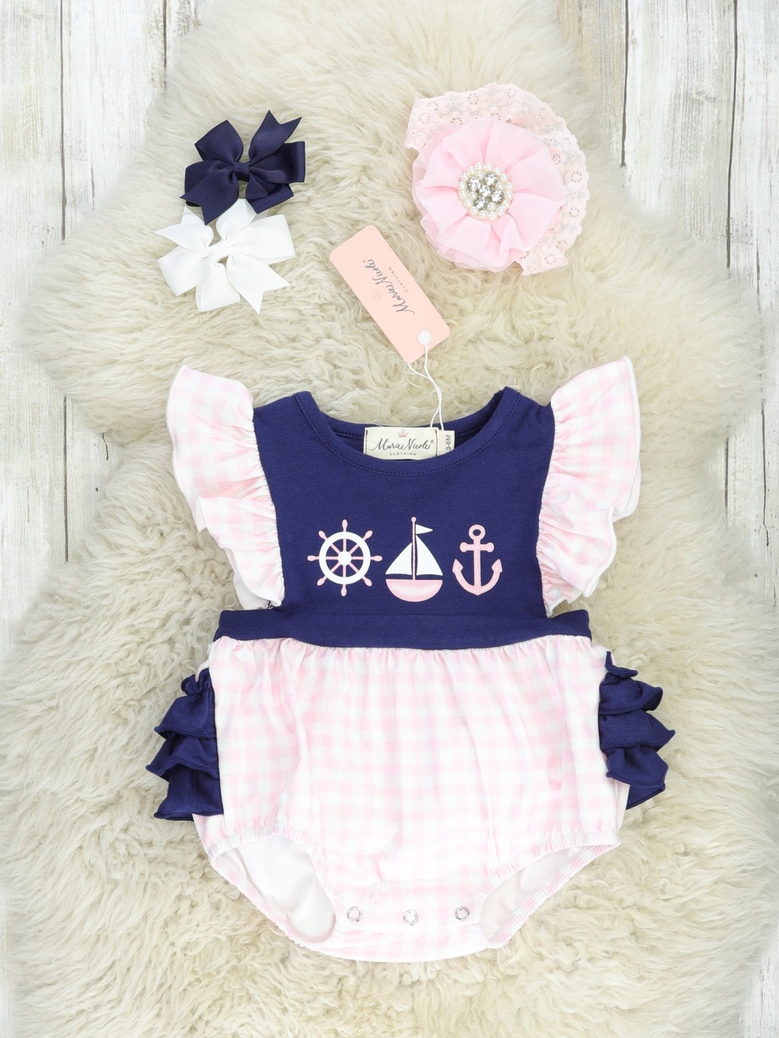 Gingham Sailboat Ruffle Bubble Romper - Marie Nicole Clothing