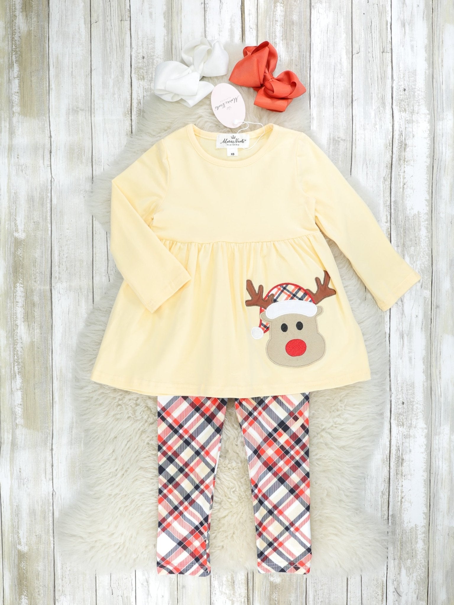 Yellow Reindeer Plaid 3 - Piece Outfit - Marie Nicole Clothing