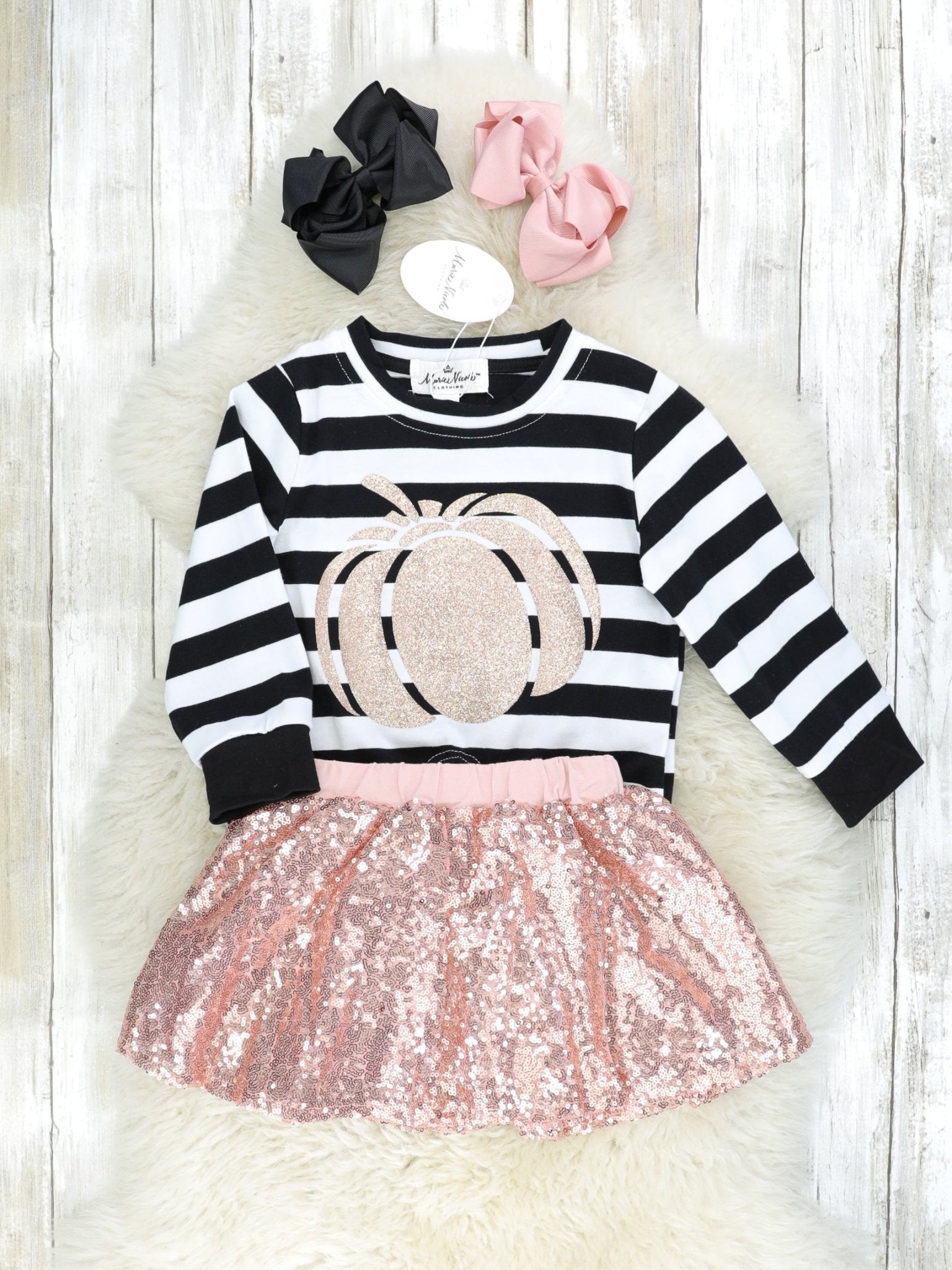 Striped Gold Pumpkin Tie Top & Gold Sequin Skirt Outfit - Marie Nicole Clothing
