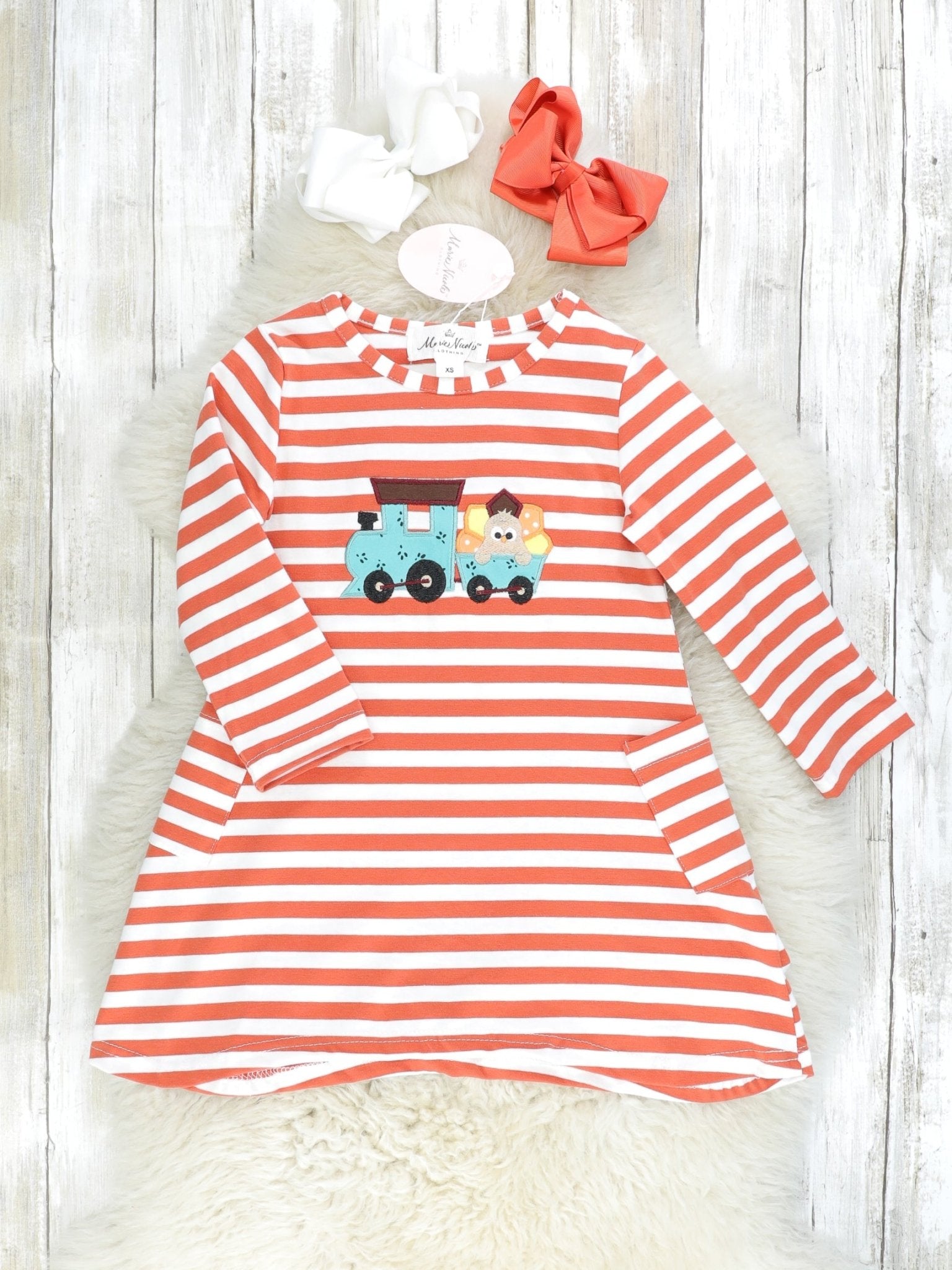 Striped Teal Turkey Train Dress - Marie Nicole Clothing