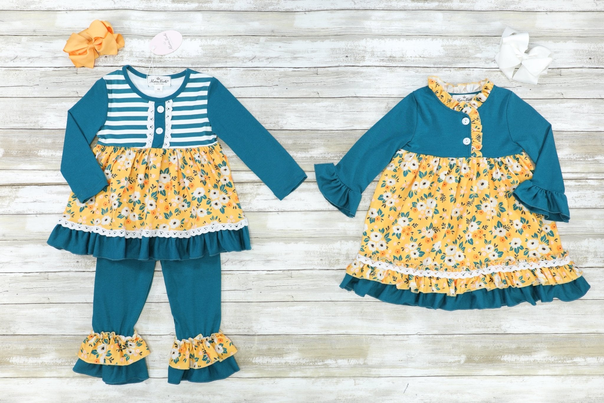 Peacock Blue Floral Ruffle Dress - Marie Nicole Clothing