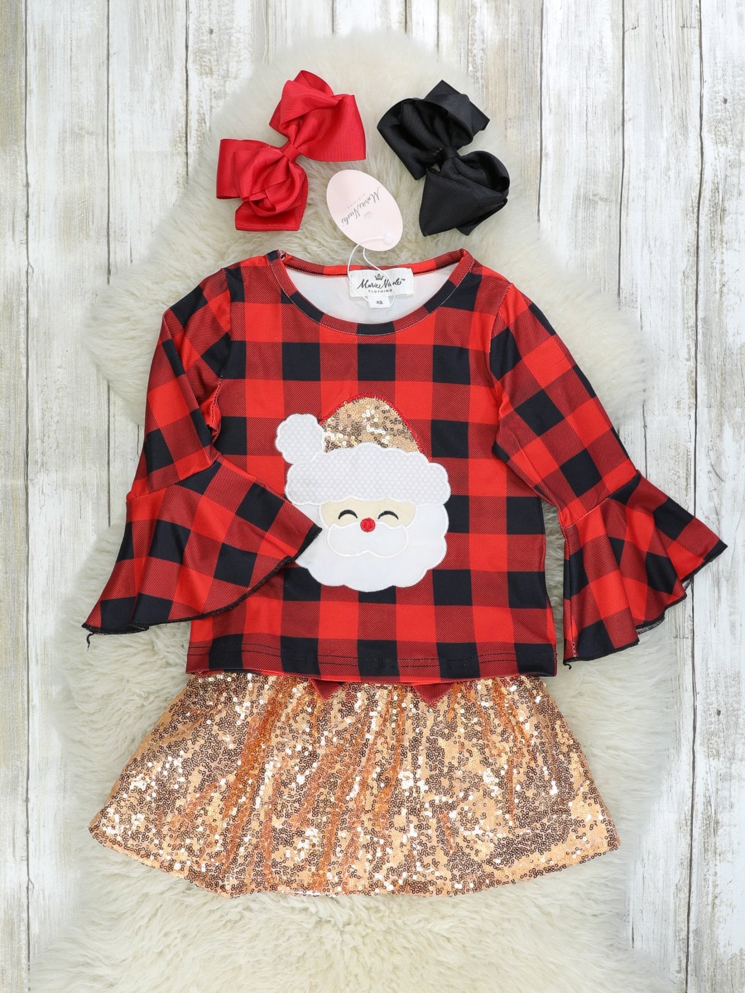 Buffalo Plaid Santa Sequin Outfit - Marie Nicole Clothing