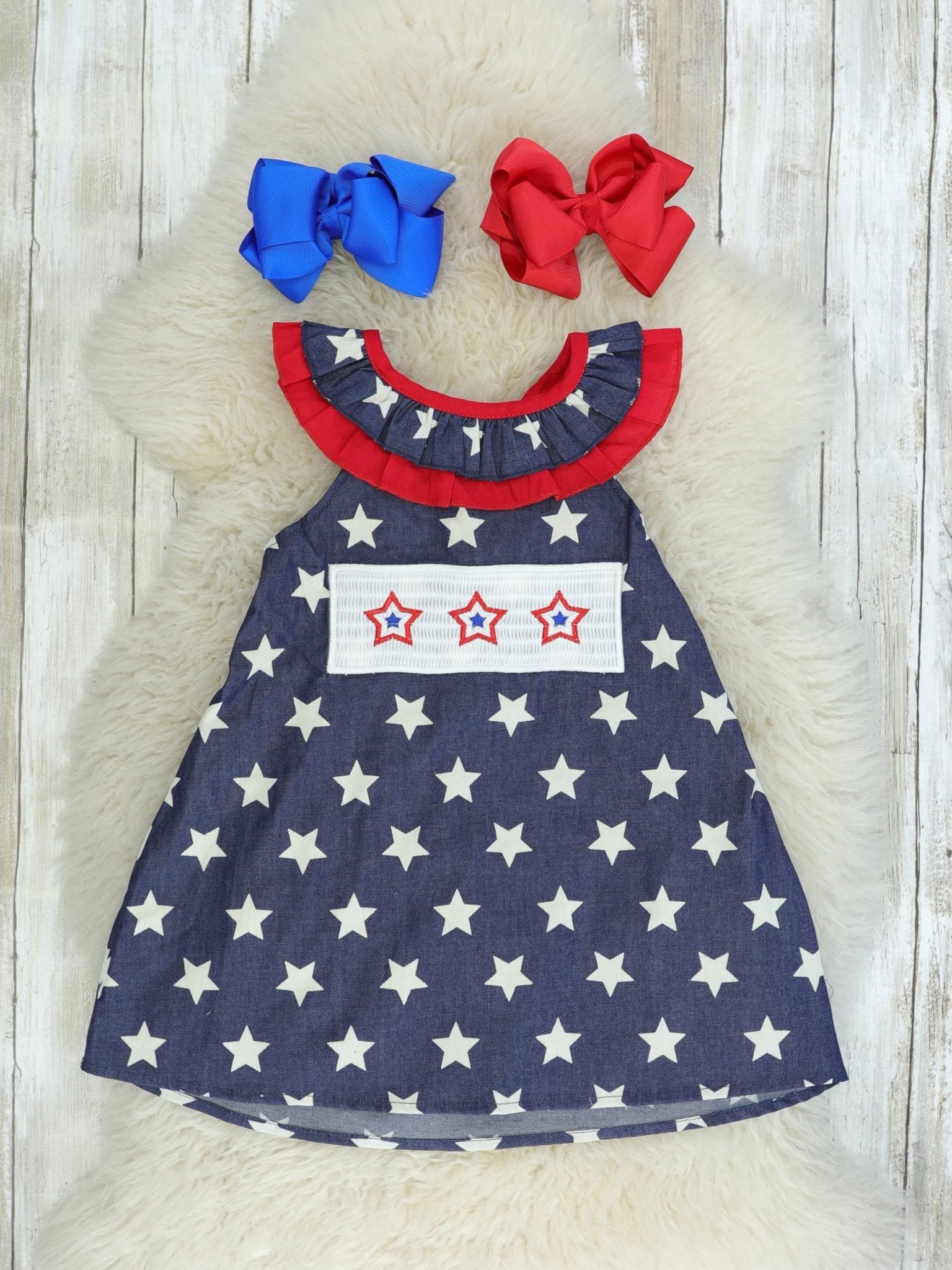 Navy Smocked Star Dress - Marie Nicole Clothing