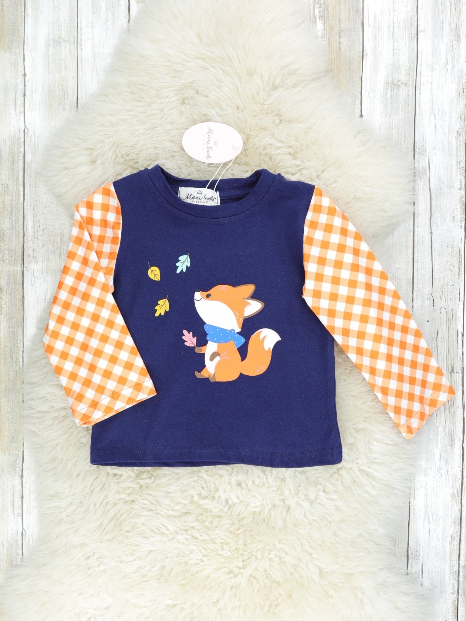 Orange Gingham & Navy Fox Long Sleeve Shirt - Marie Nicole Clothing