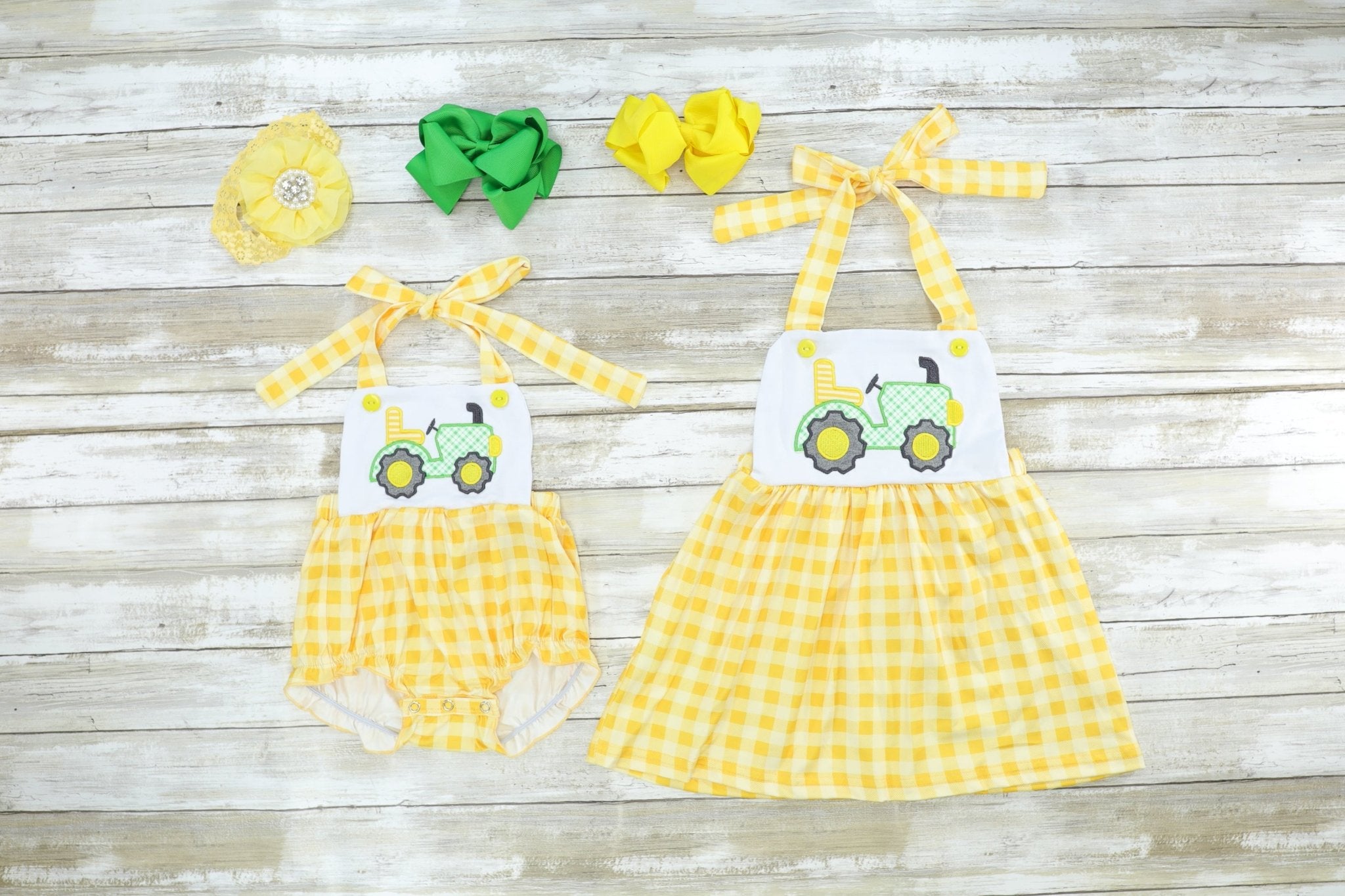 Yellow Check Tractor Halter Dress - Marie Nicole Clothing