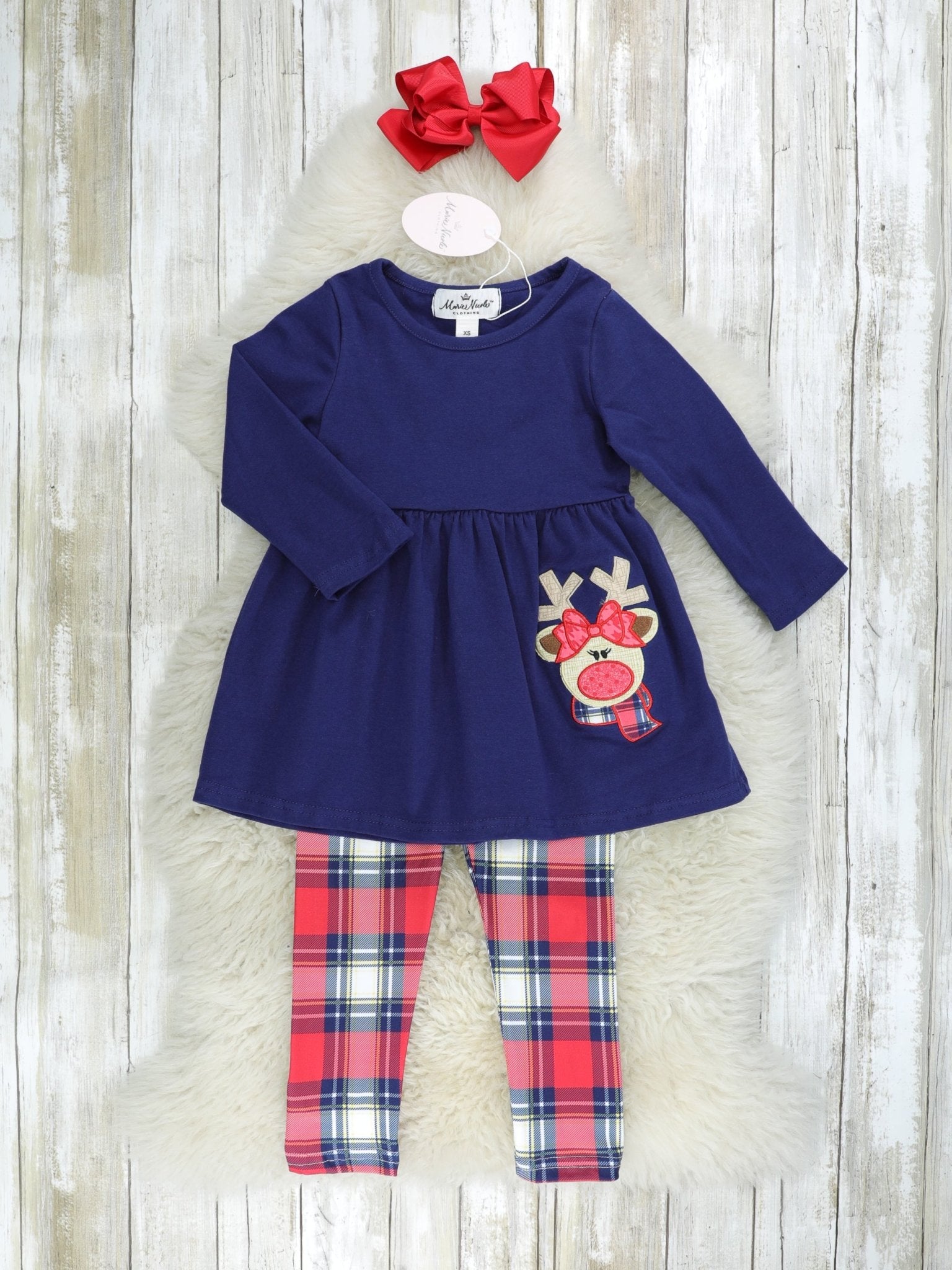 Navy Reindeer Plaid Peplum 3 - Piece Outfit - Marie Nicole Clothing
