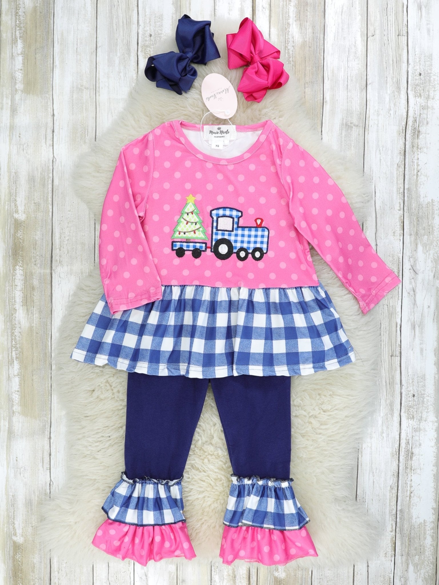 Pink & Blue Gingham Christmas Tree Truck Ruffle Outfit - Marie Nicole Clothing