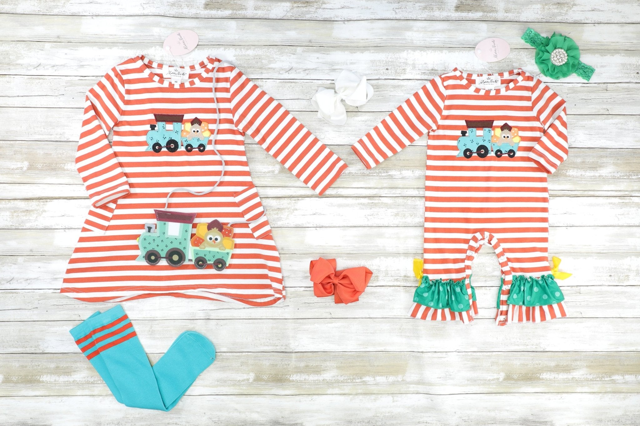 Striped Teal Turkey Train Dress - Marie Nicole Clothing