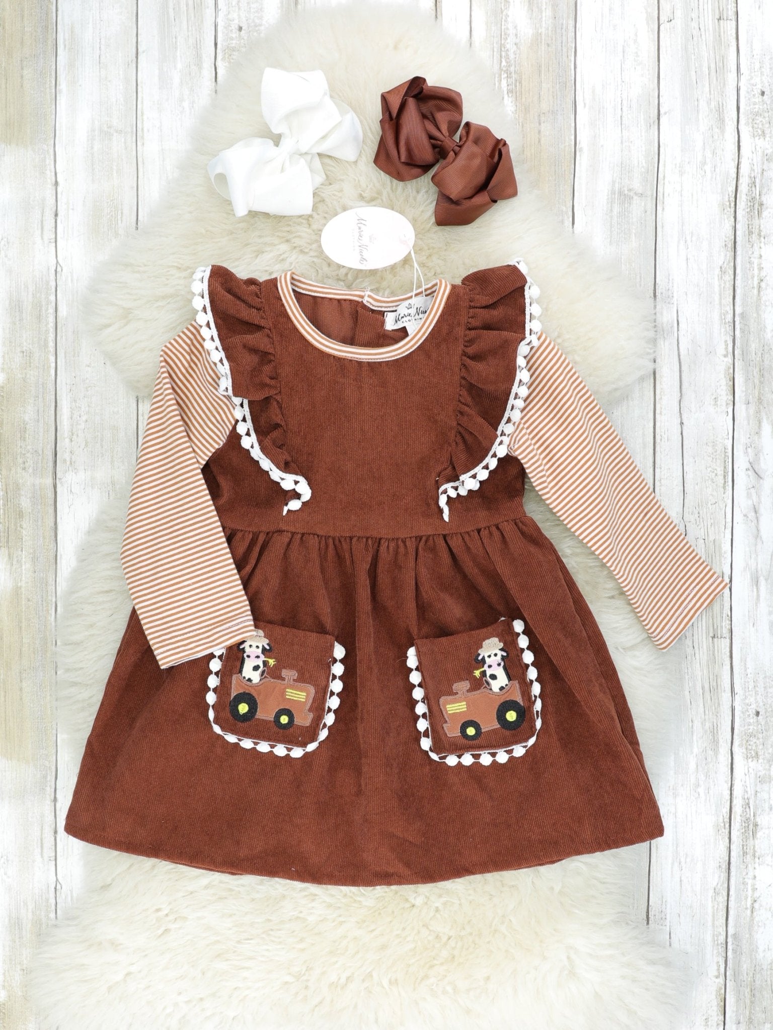 Brown Striped Cow Farmer Pocket Dress
