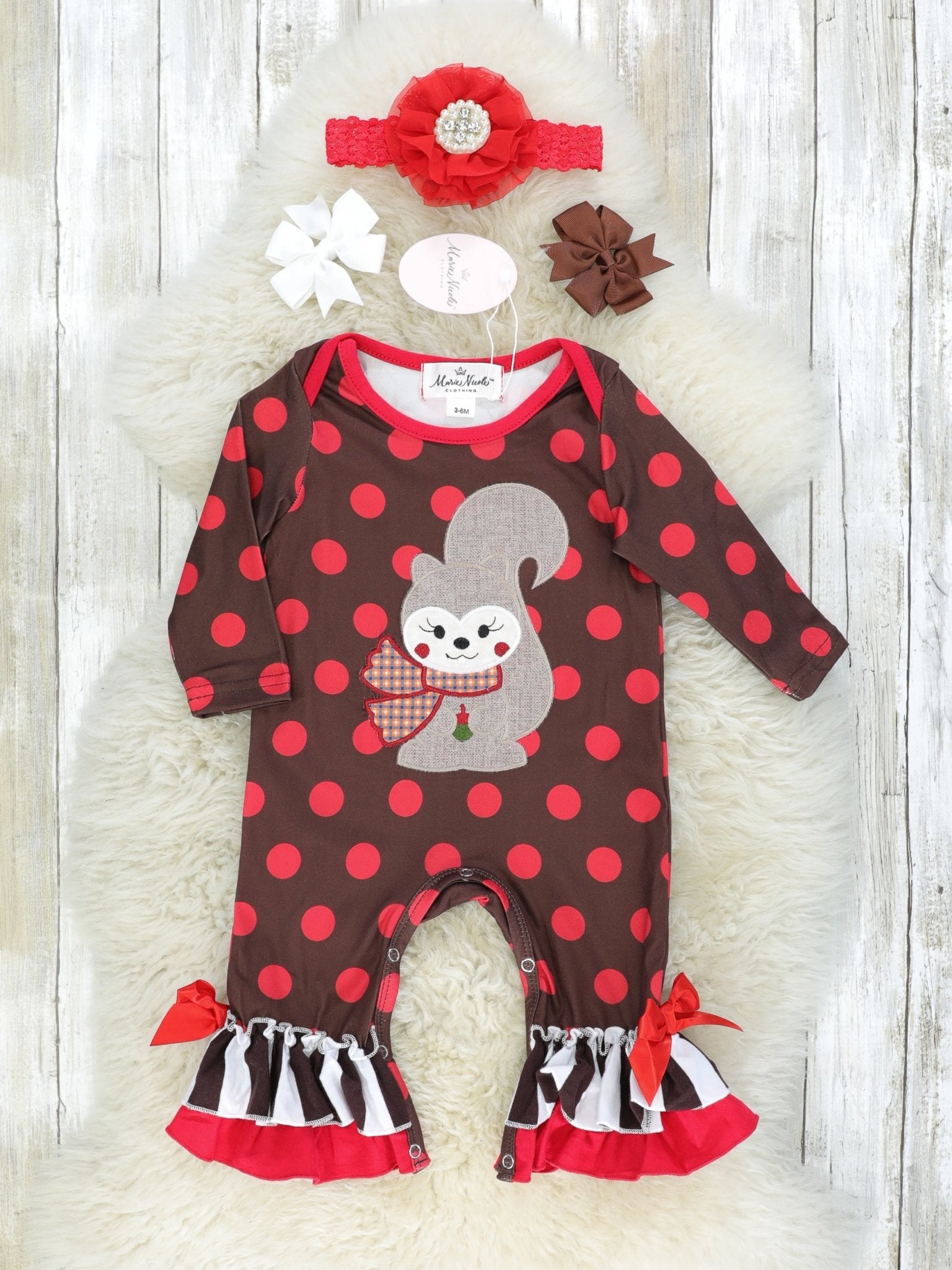 Polka Dotted Squirrel Ruffle Romper - Marie Nicole Clothing