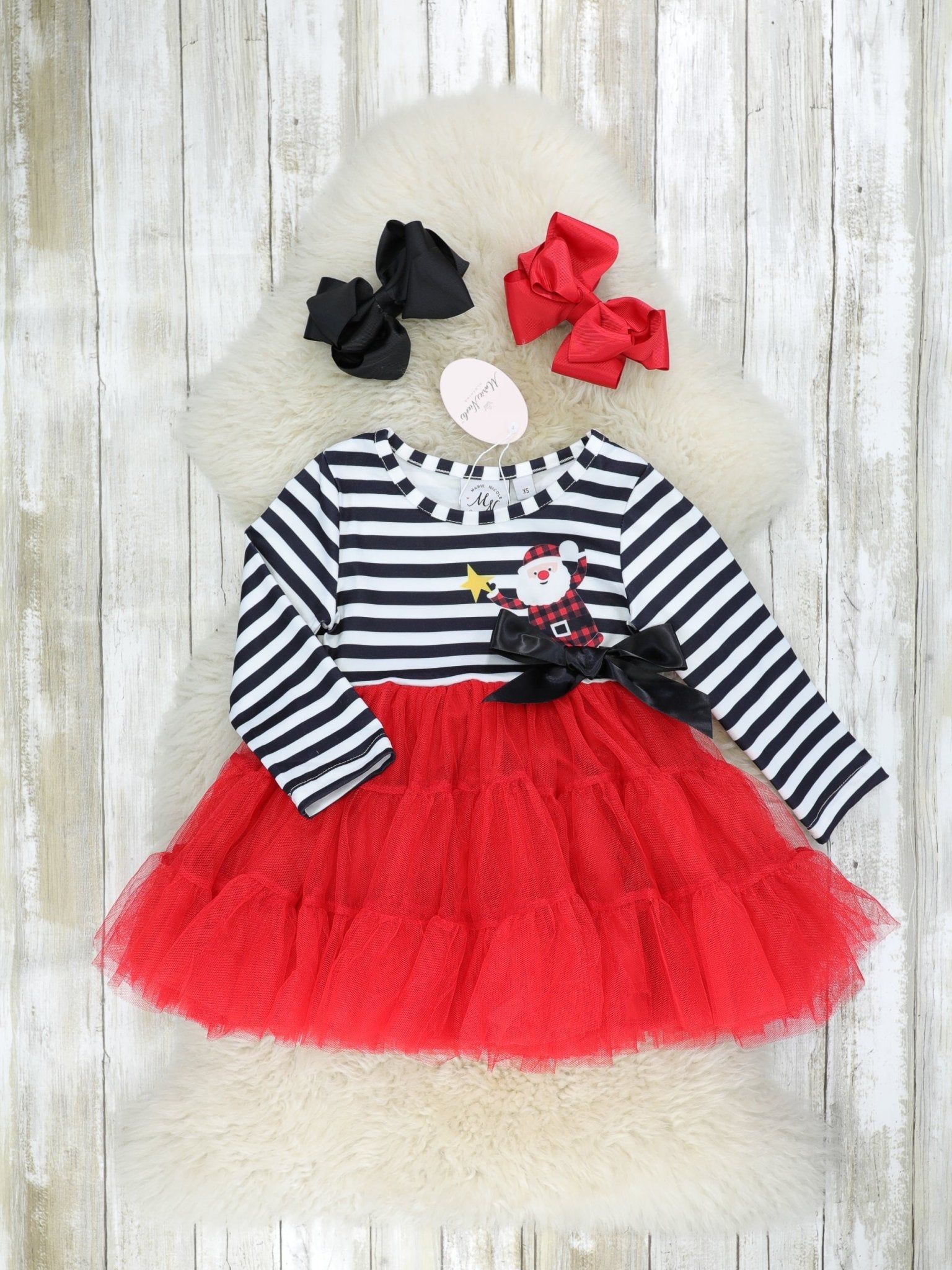 Striped Santa Tulle Bow Dress - Marie Nicole Clothing