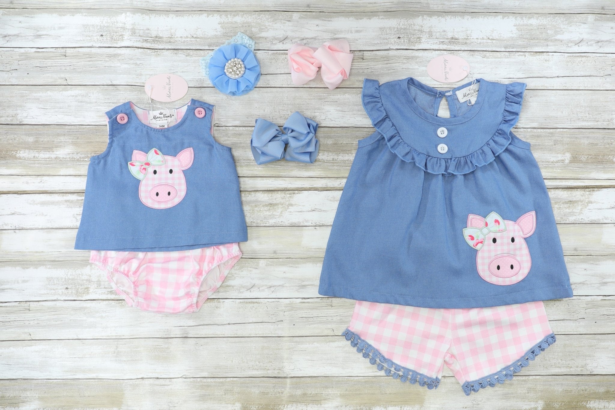 Pink Chambray Piggy Shorts Outfit - Marie Nicole Clothing