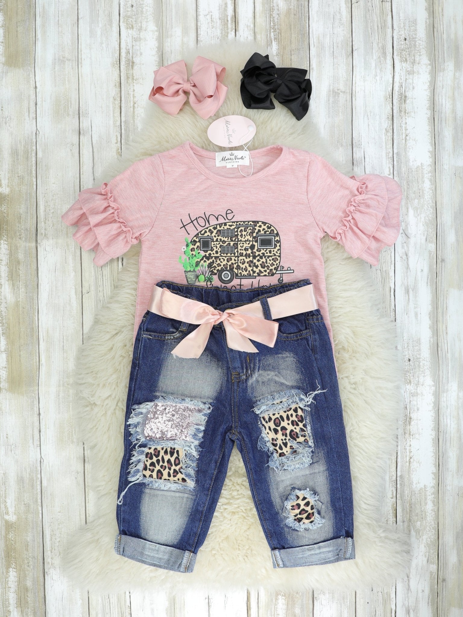 "Home Sweet Home" Ruffle Top & Distressed Denim Outfit - Marie Nicole Clothing