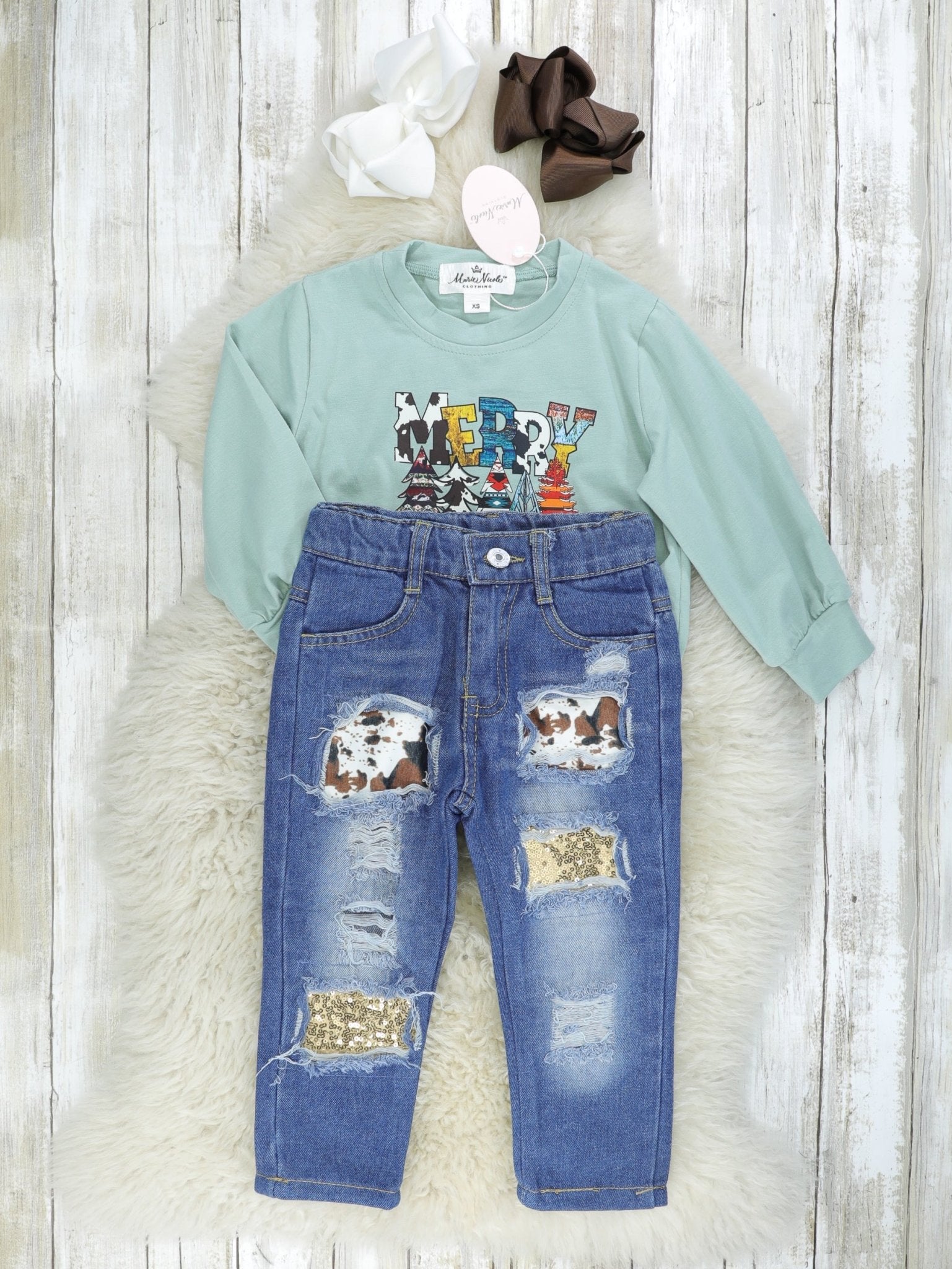 "Merry Christmas" Tie Distressed Denim Outfit - Marie Nicole Clothing