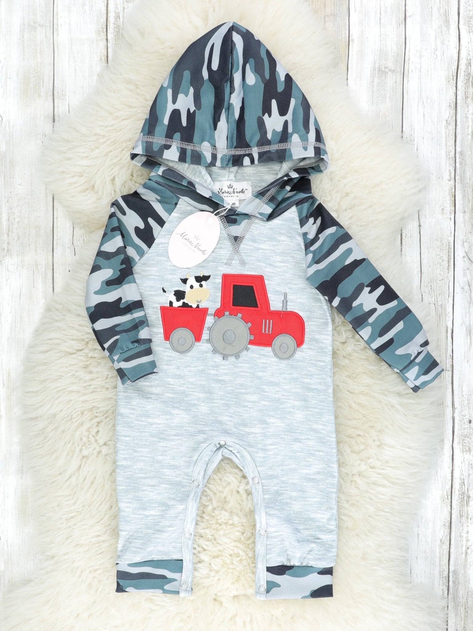 Camouflage Cow On Tractor Hoodie Romper - Marie Nicole Clothing