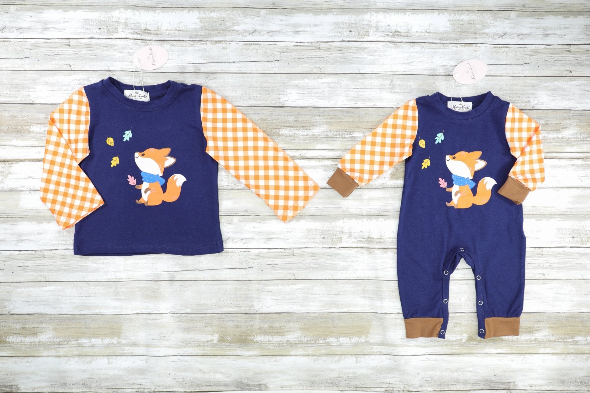 Orange Gingham & Navy Fox Romper - Marie Nicole Clothing