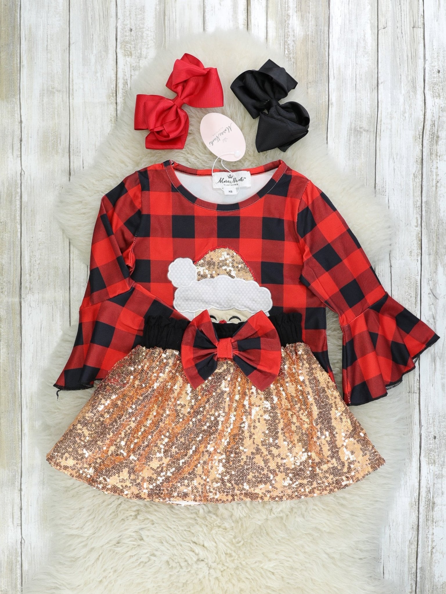 Buffalo Plaid Santa Sequin Outfit - Marie Nicole Clothing
