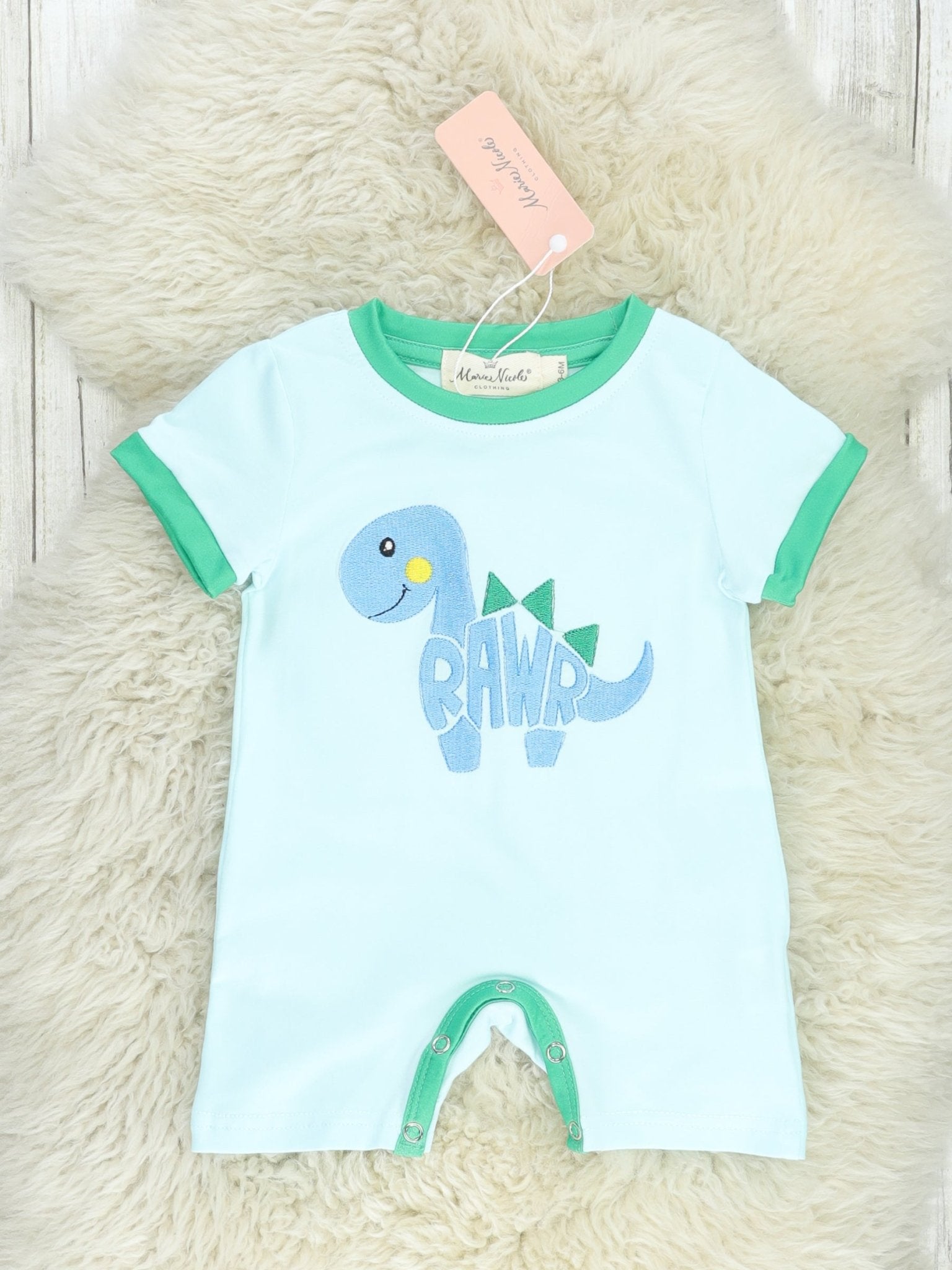 Baby Blue "Rawr" Romper - Marie Nicole Clothing