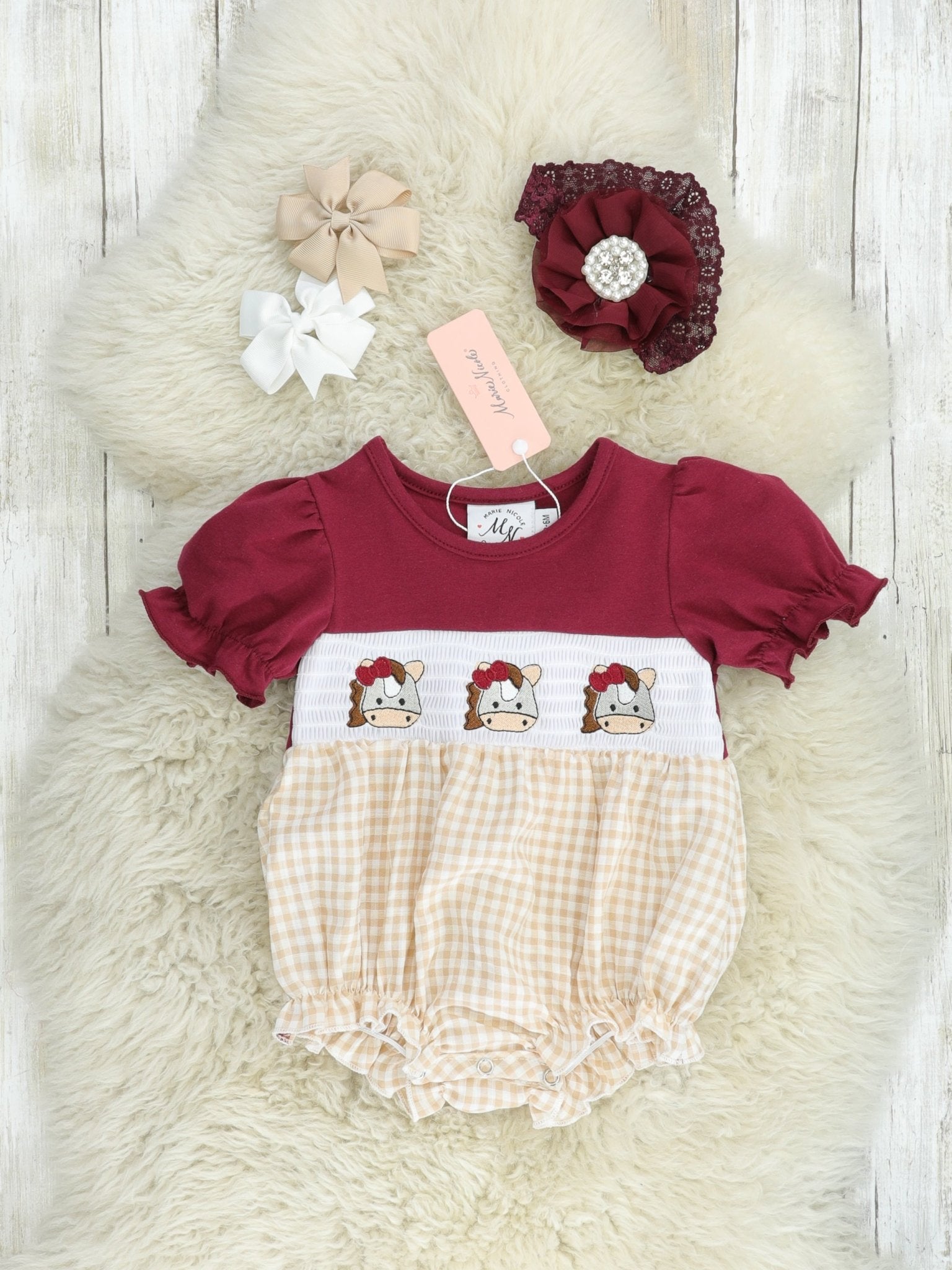 Maroon Smocked Horse Ruffle Bubble Romper - Marie Nicole Clothing
