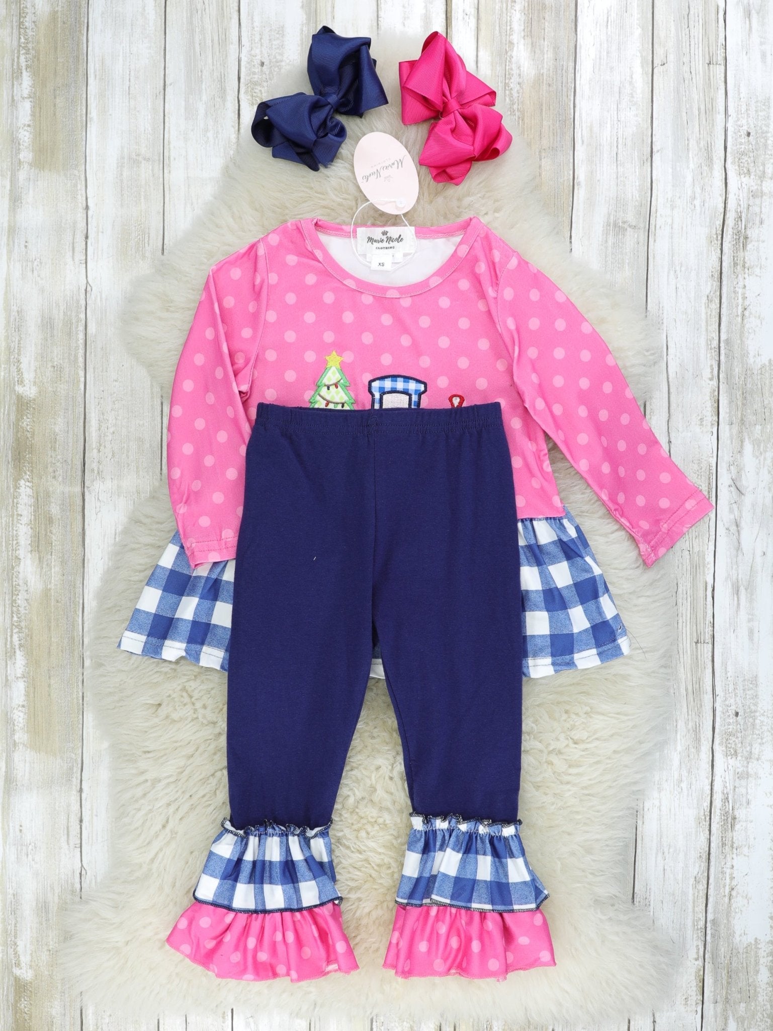 Pink & Blue Gingham Christmas Tree Truck Ruffle Outfit - Marie Nicole Clothing