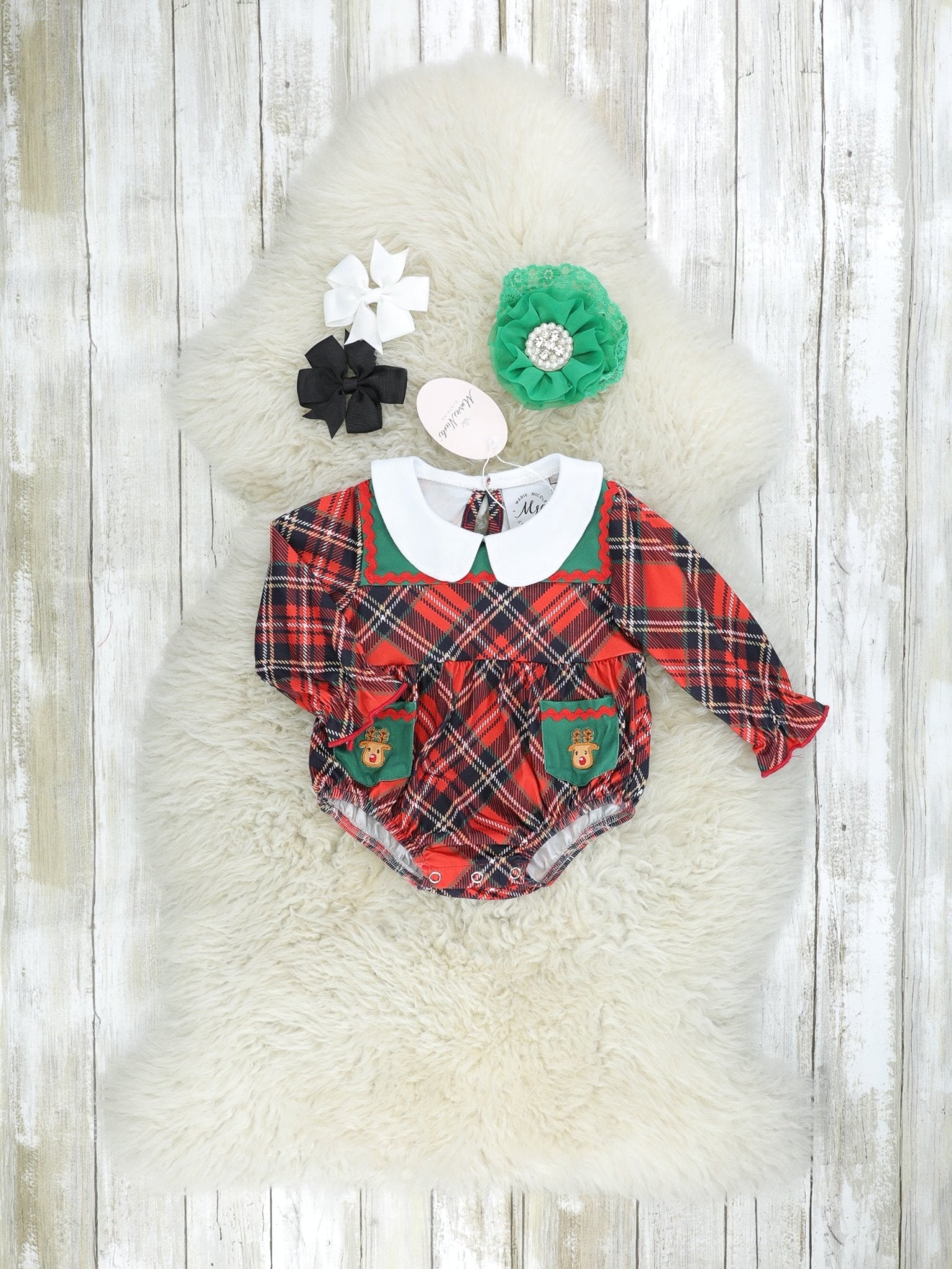 Red Plaid Reindeer Vintage Pocket Romper - Marie Nicole Clothing
