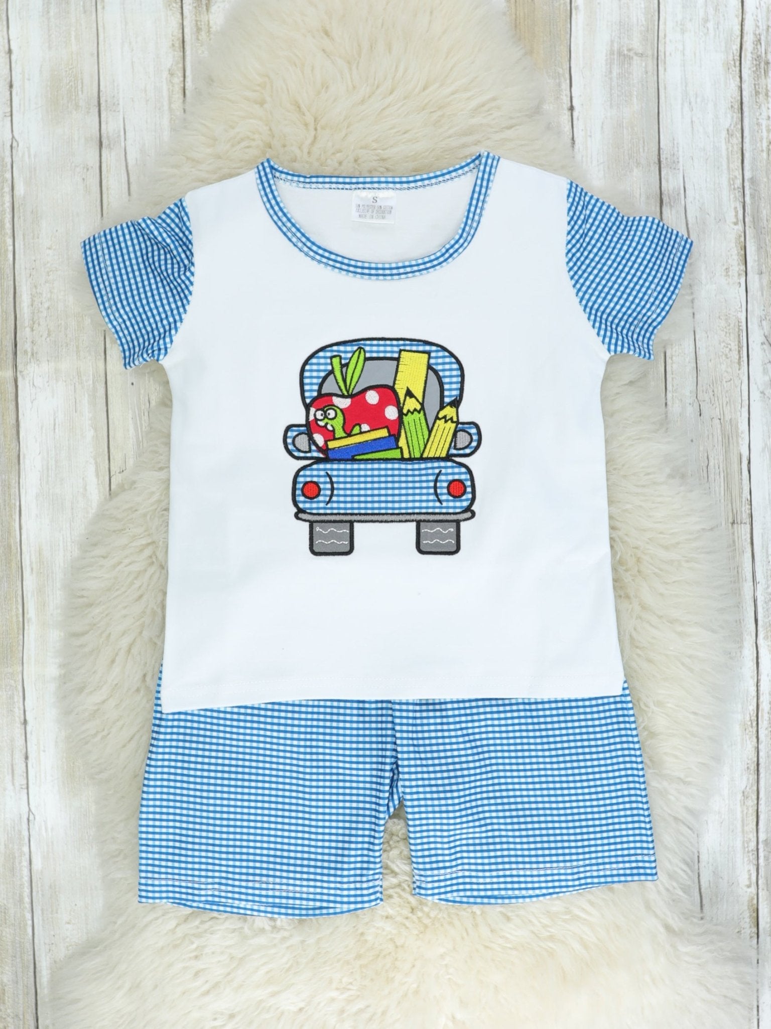 Blue Check School Bus Outfit - Marie Nicole Clothing