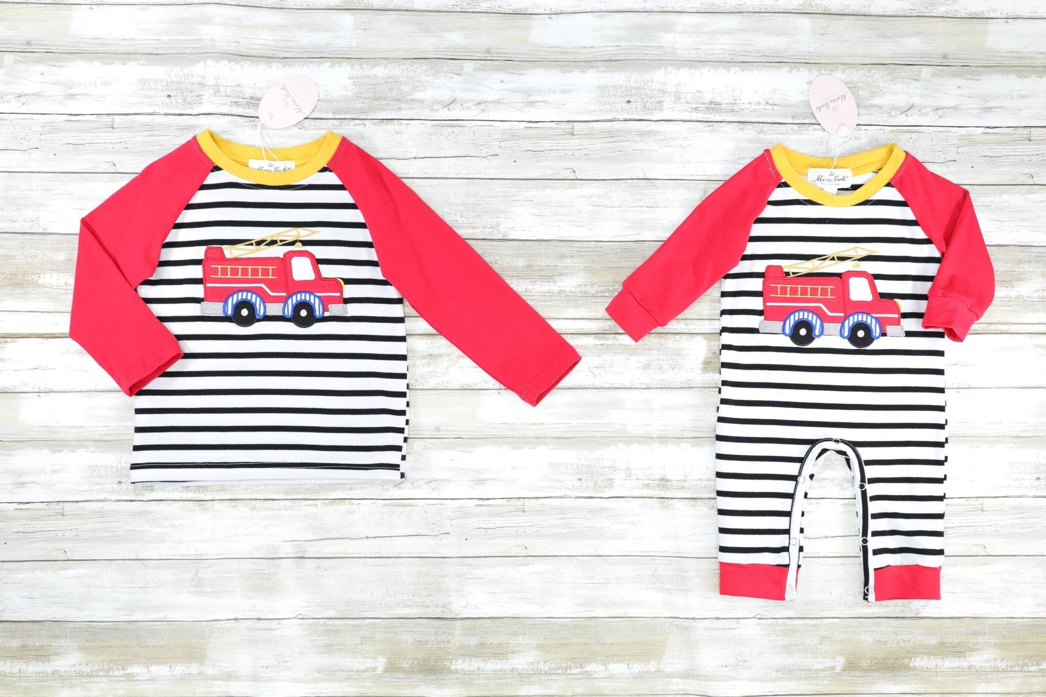 Striped Firetruck Red Raglan Romper - Marie Nicole Clothing