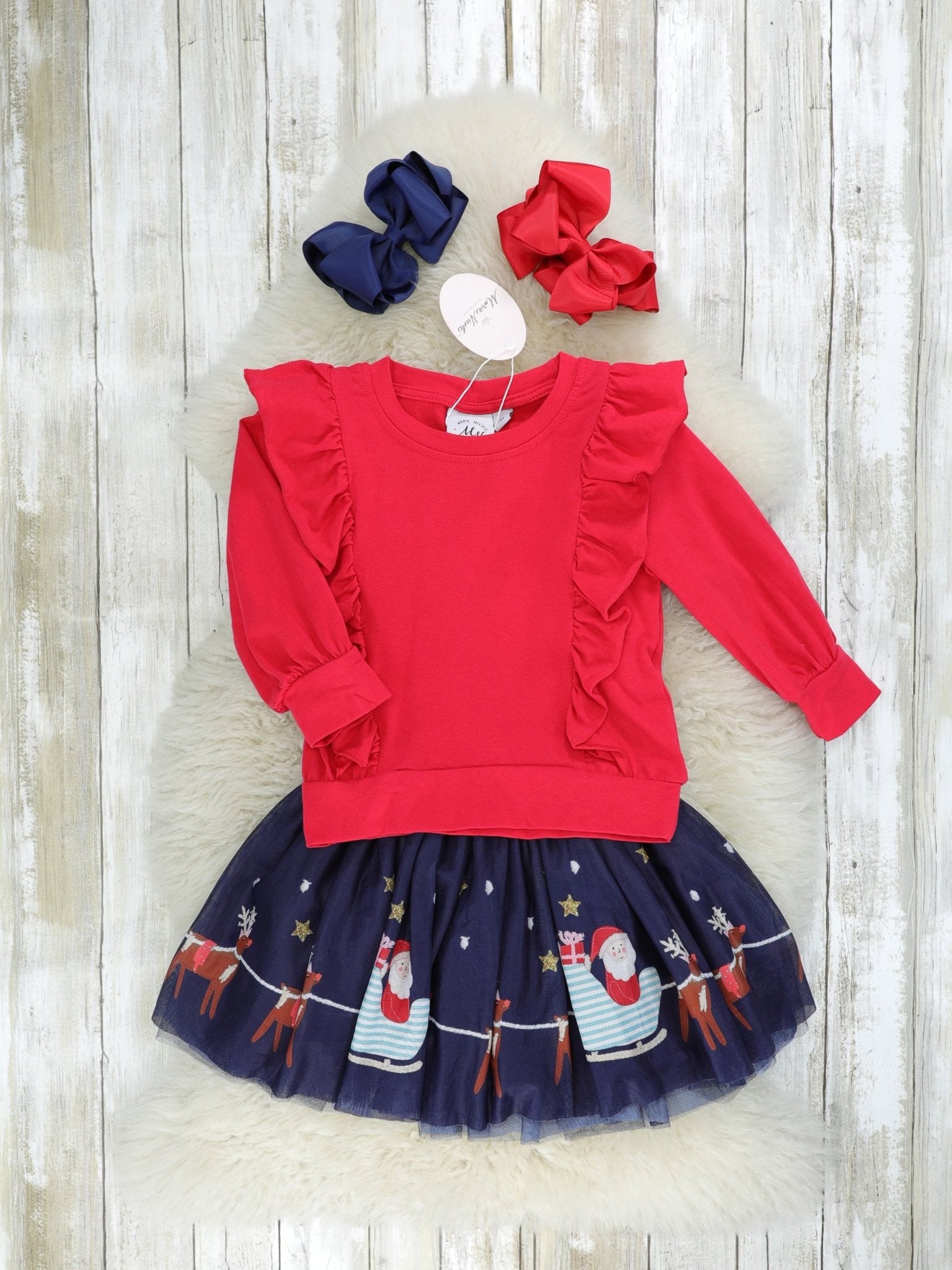 Red Ruffle Top & Tulle Reindeer Skirt Outfit - Marie Nicole Clothing