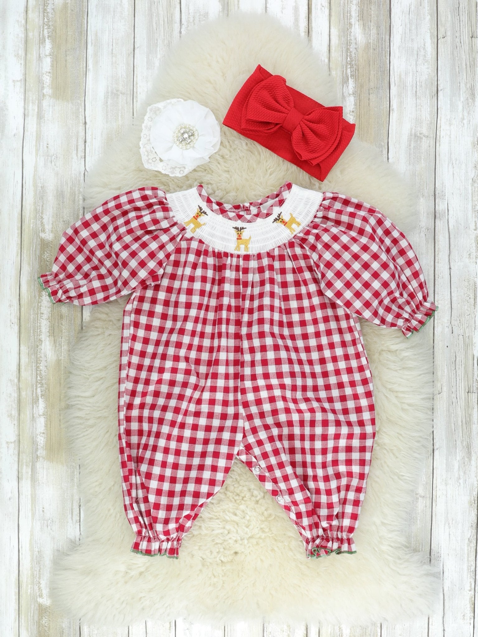 Red Plaid Reindeer Smocked Romper - Marie Nicole Clothing