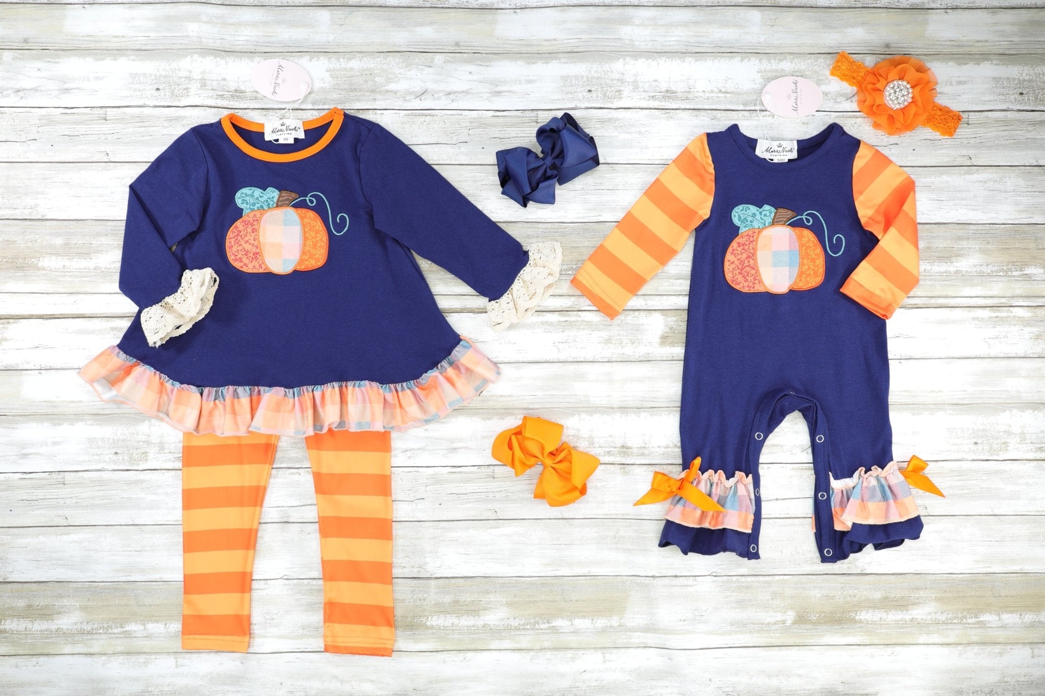 Plaid Pumpkin Striped Ruffle Romper - Marie Nicole Clothing