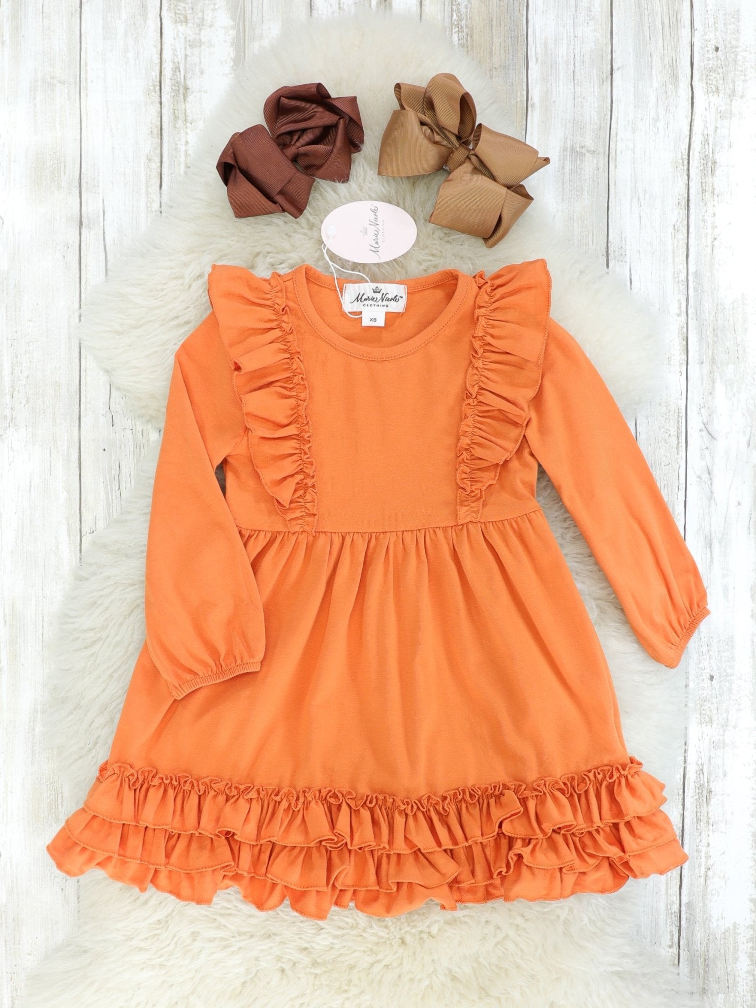 Orange Long Sleeve Ruffle Dress - Marie Nicole Clothing