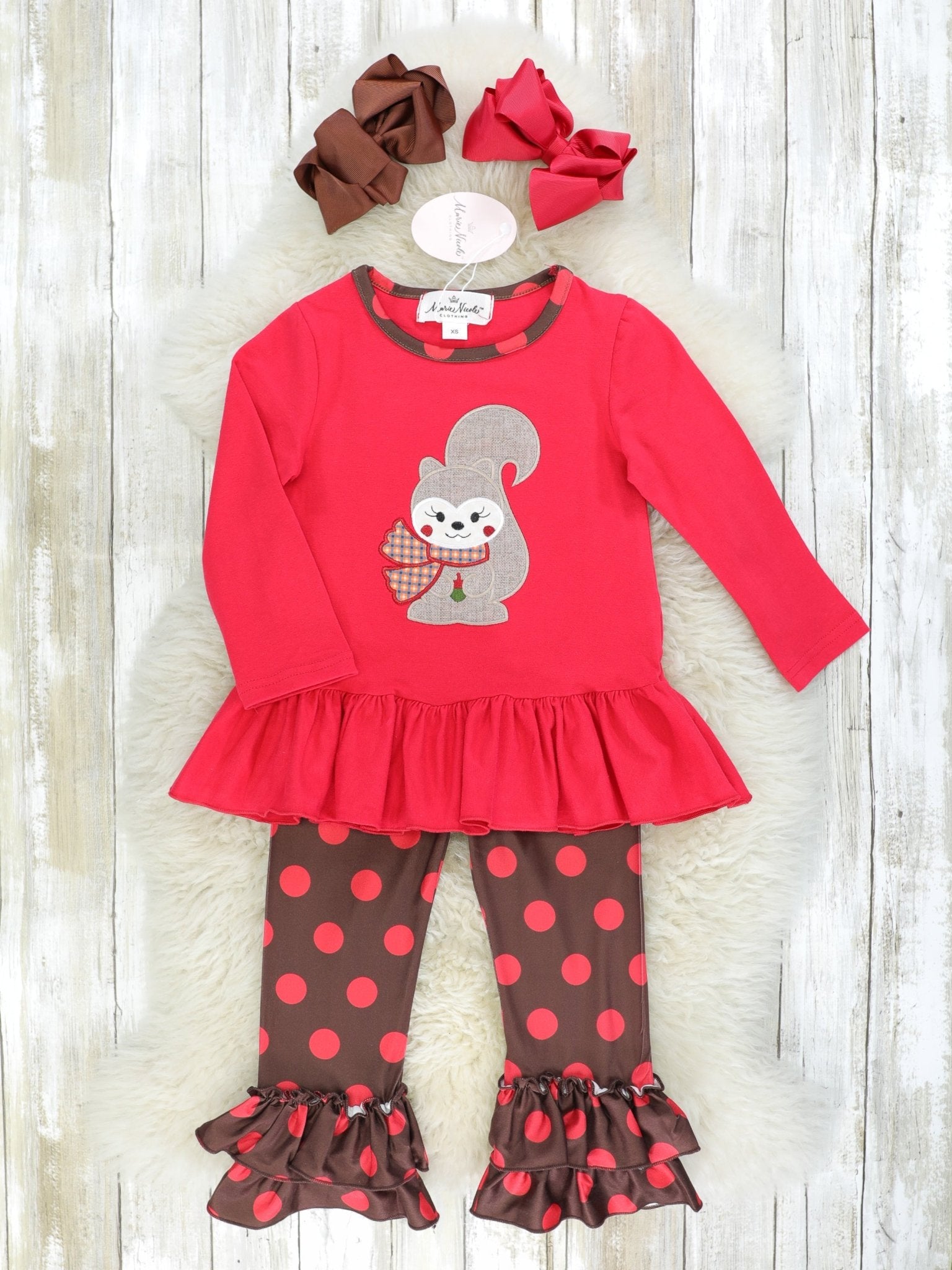 Polka Dotted Squirrel Ruffle Outfit - Marie Nicole Clothing