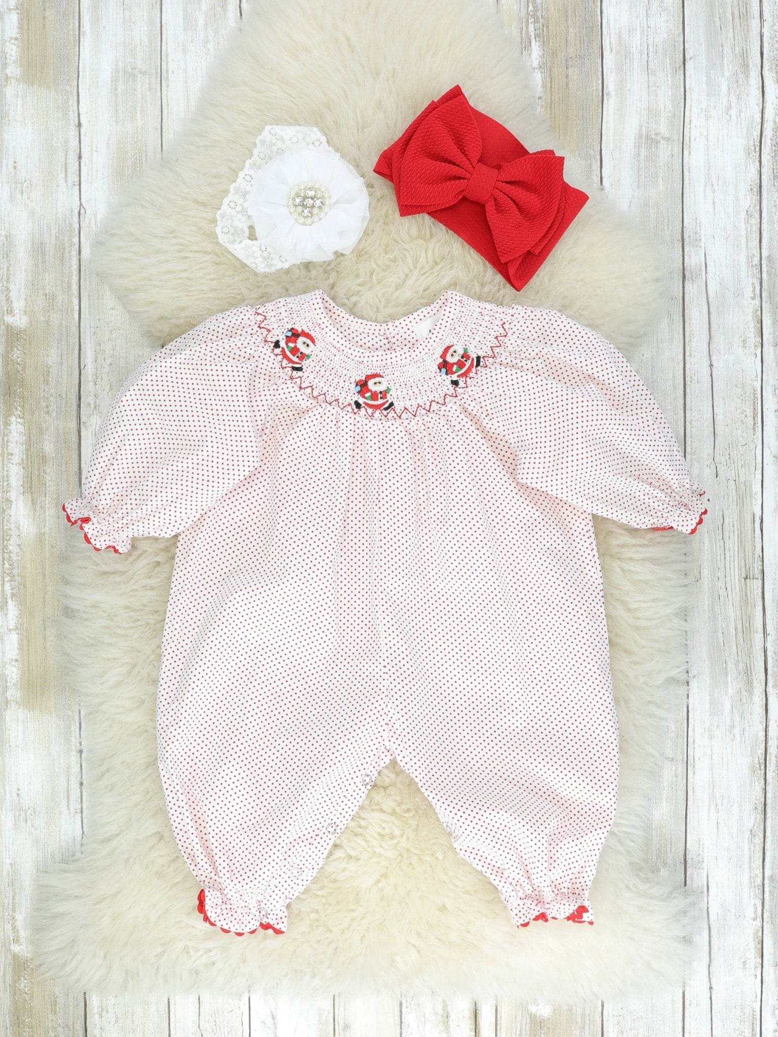 Pink & Red Santa Smocked Romper - Marie Nicole Clothing