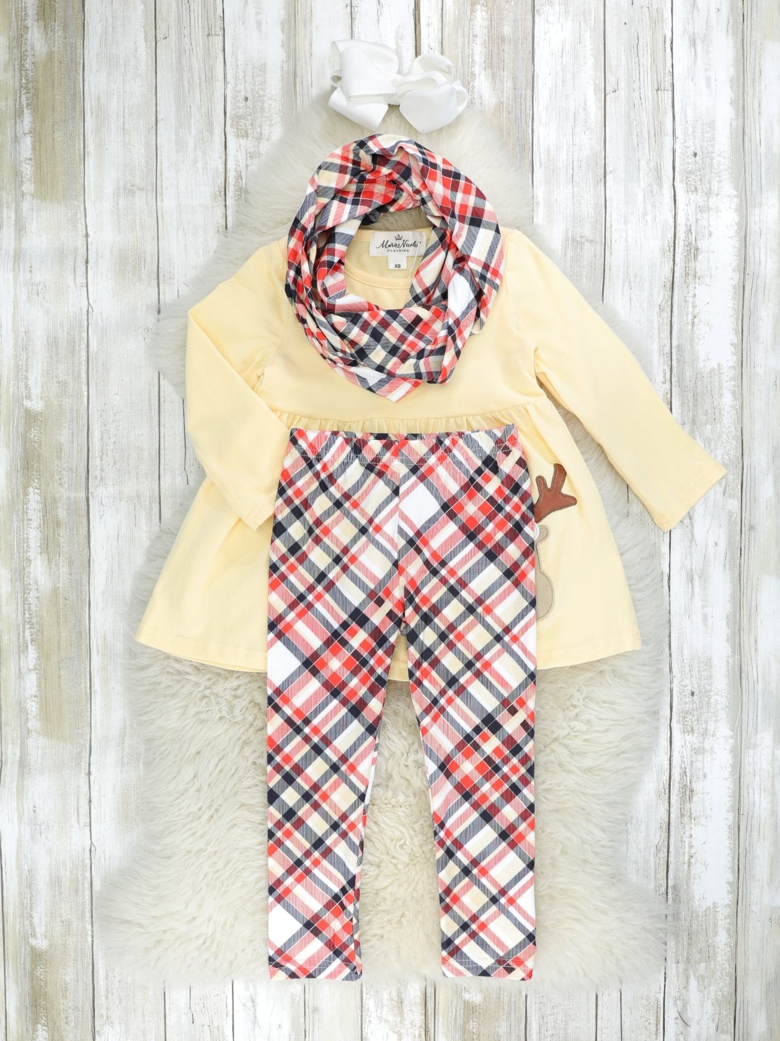 Yellow Reindeer Plaid 3 - Piece Outfit - Marie Nicole Clothing