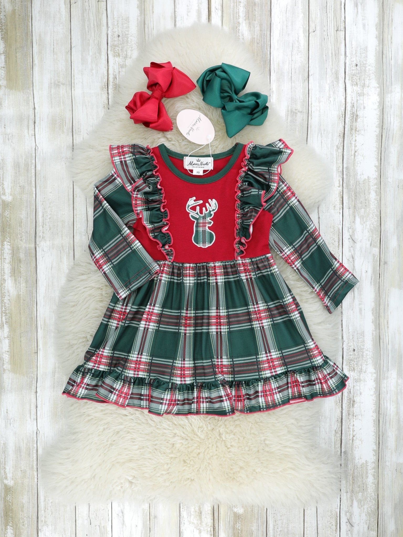 Hunter Green Plaid Reindeer Ruffle Dress Marie Nicole Clothing Hunter Green Plaid Reindeer Ruffle Dress Marie Nicole Clothing