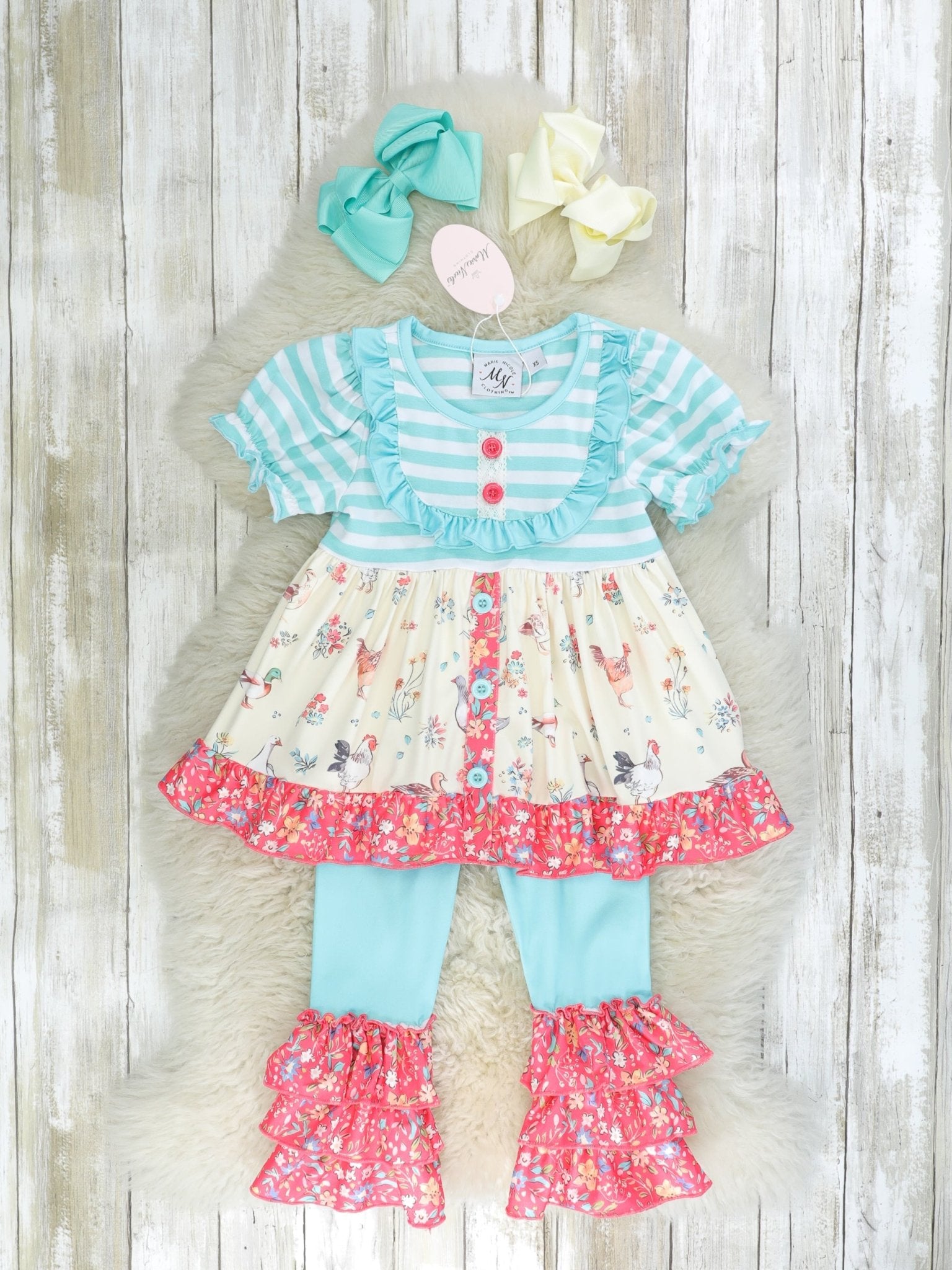 Blue Striped Flock Ruffle Outfit - Marie Nicole Clothing