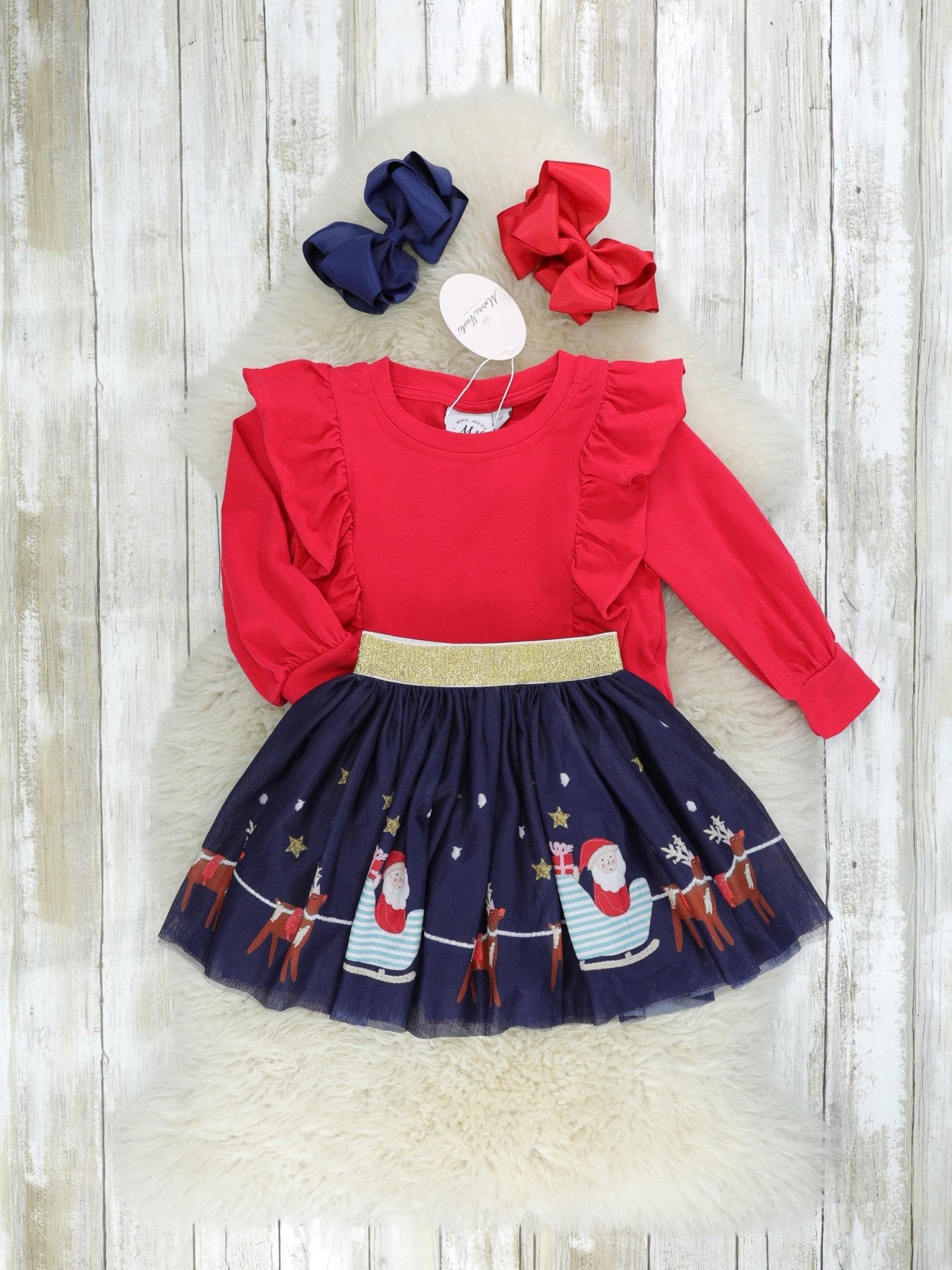 Red Ruffle Top & Tulle Reindeer Skirt Outfit - Marie Nicole Clothing