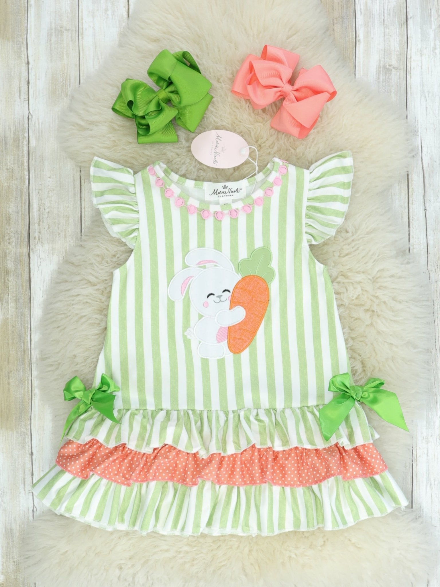 Green & Coral Spring Bunny Bow Dress - Marie Nicole Clothing