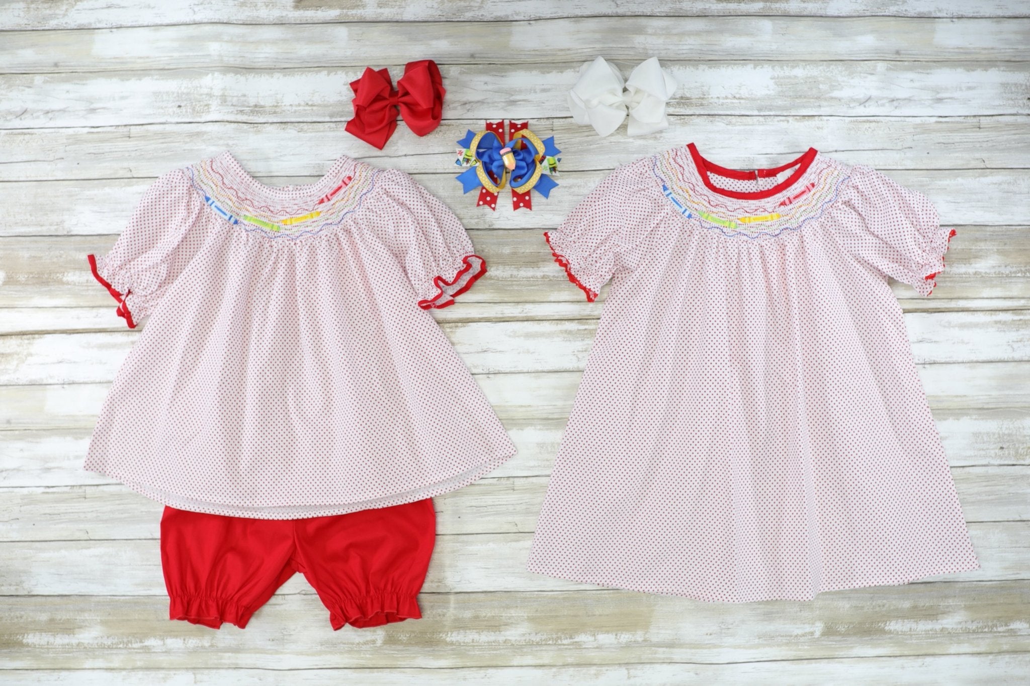 Red Polka Dotted Crayon Smocked Outfit - Marie Nicole Clothing