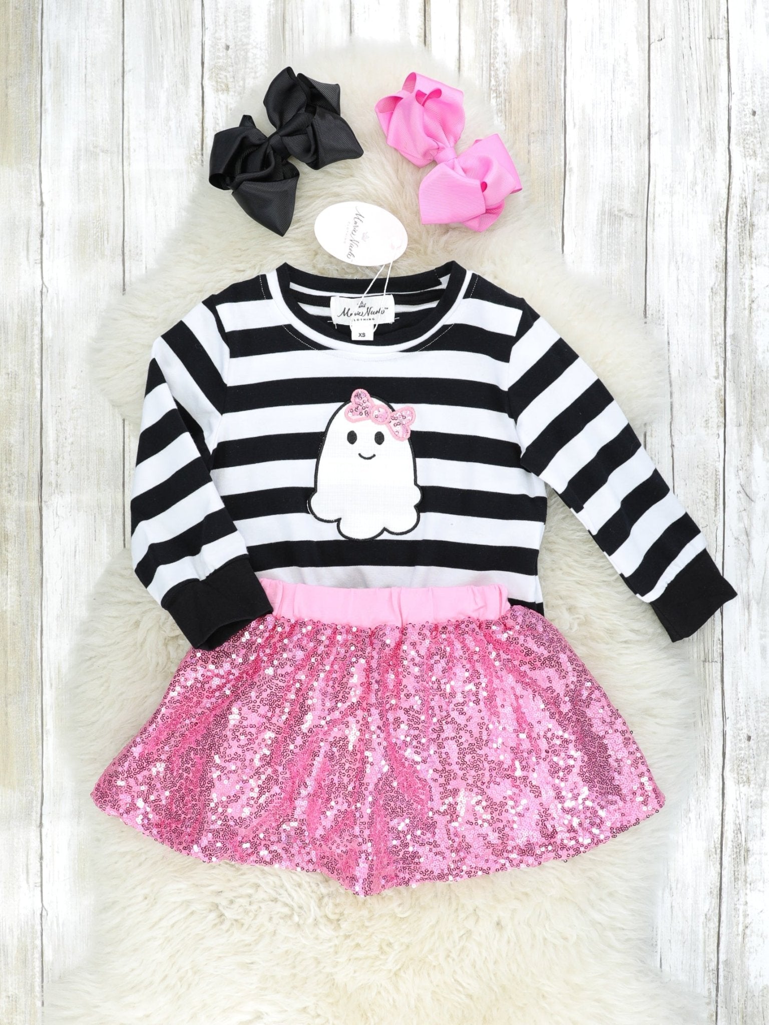 Striped Ghost Tie Top & Pink Sequin Skirt Outfit - Marie Nicole Clothing